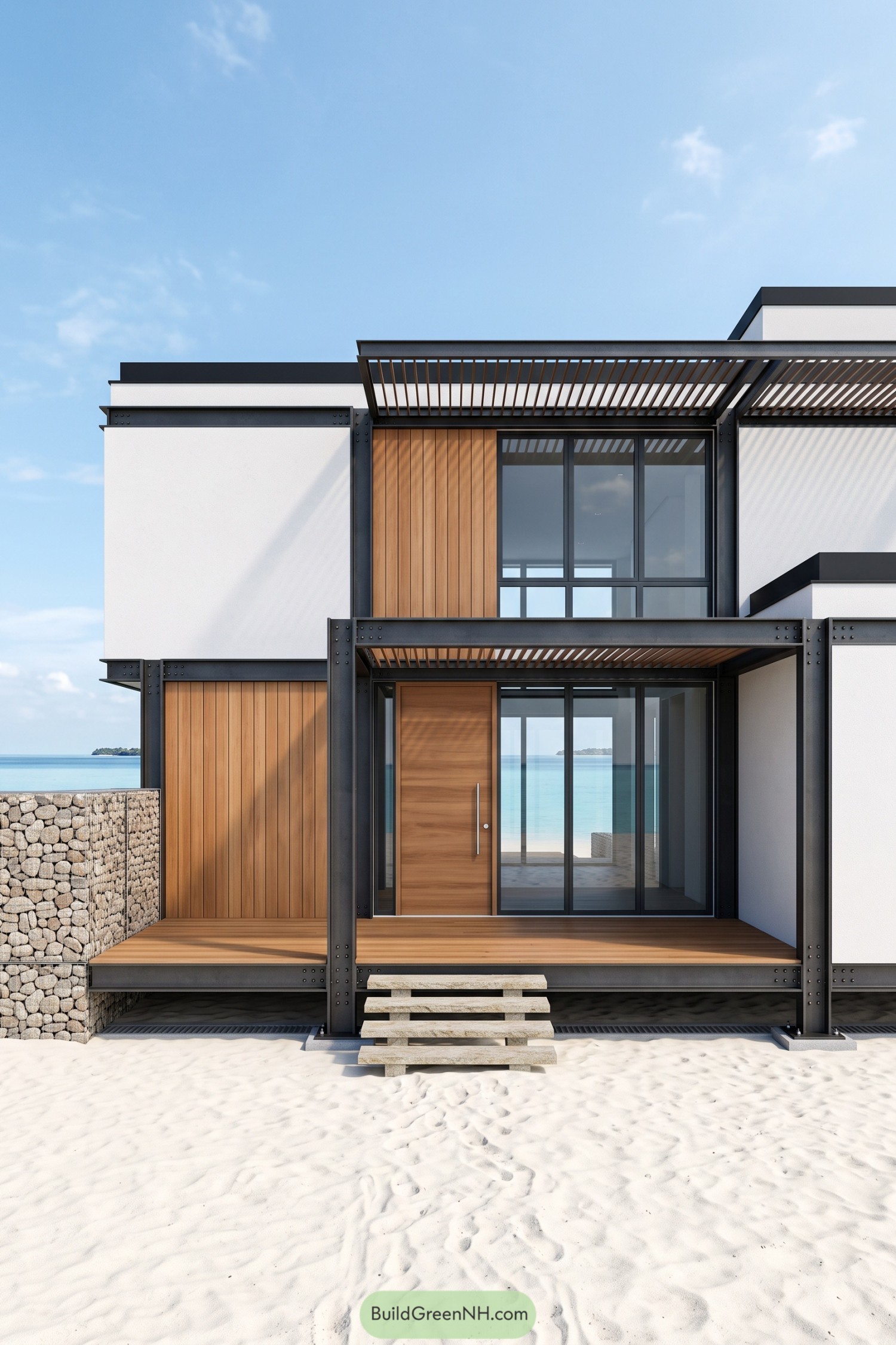 Beach villa with exposed steel framing, timber cladding, white walls, slatted canopies, and a raised entrance deck