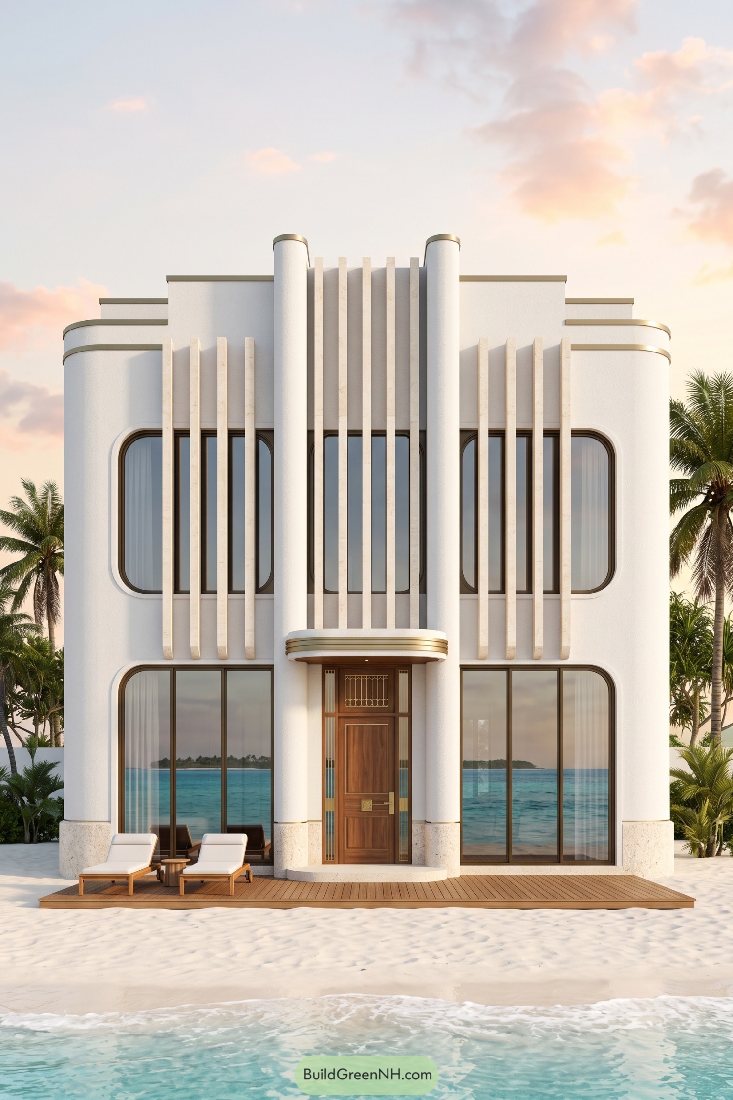 Two-story beachfront villa with white curved walls, vertical fins, gold trim, rounded windows, and a central wooden door