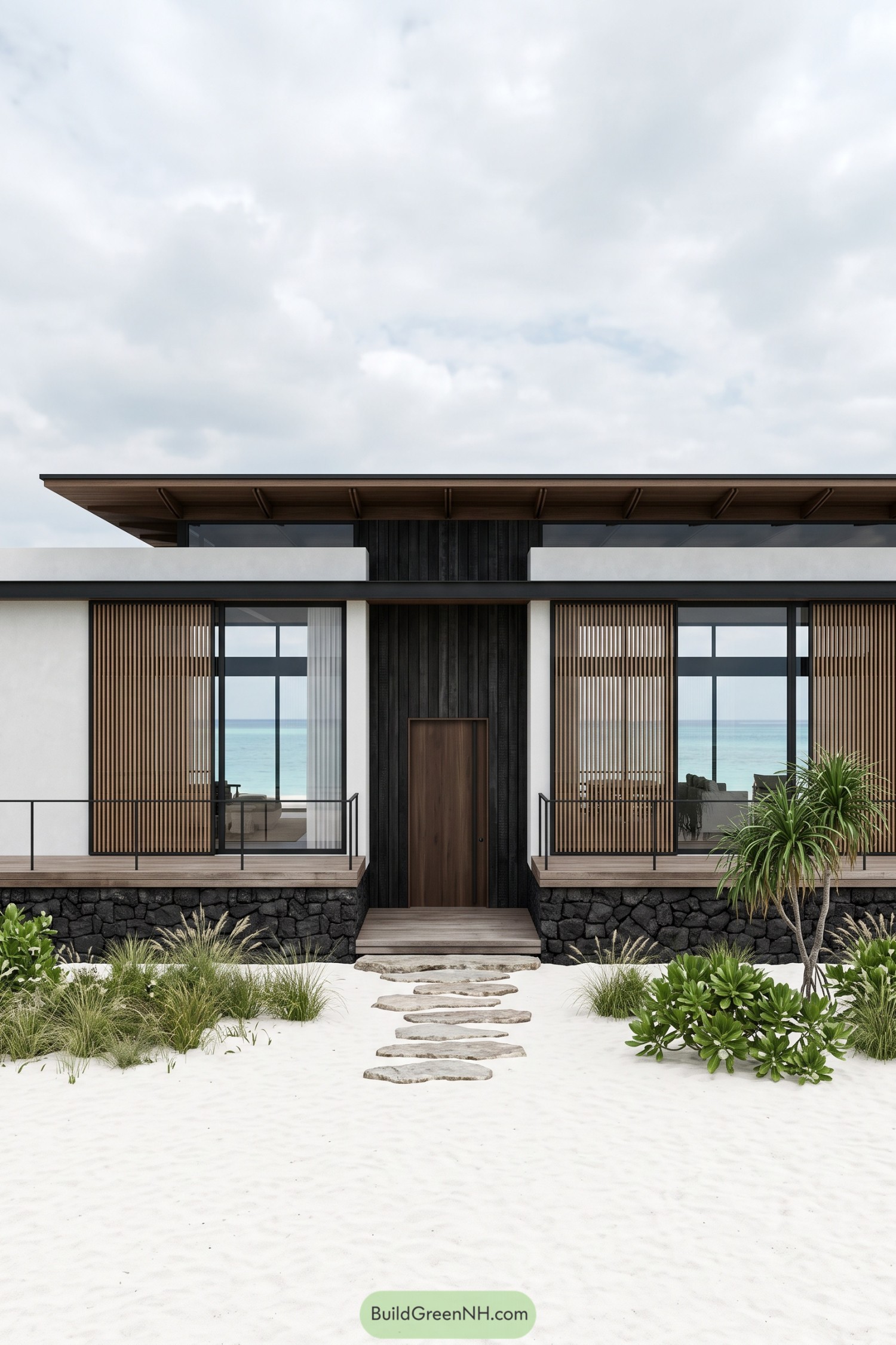 Modern beach villa with a dark central entrance, timber screens, white walls, raised decks, and a stepping stone path through sand
