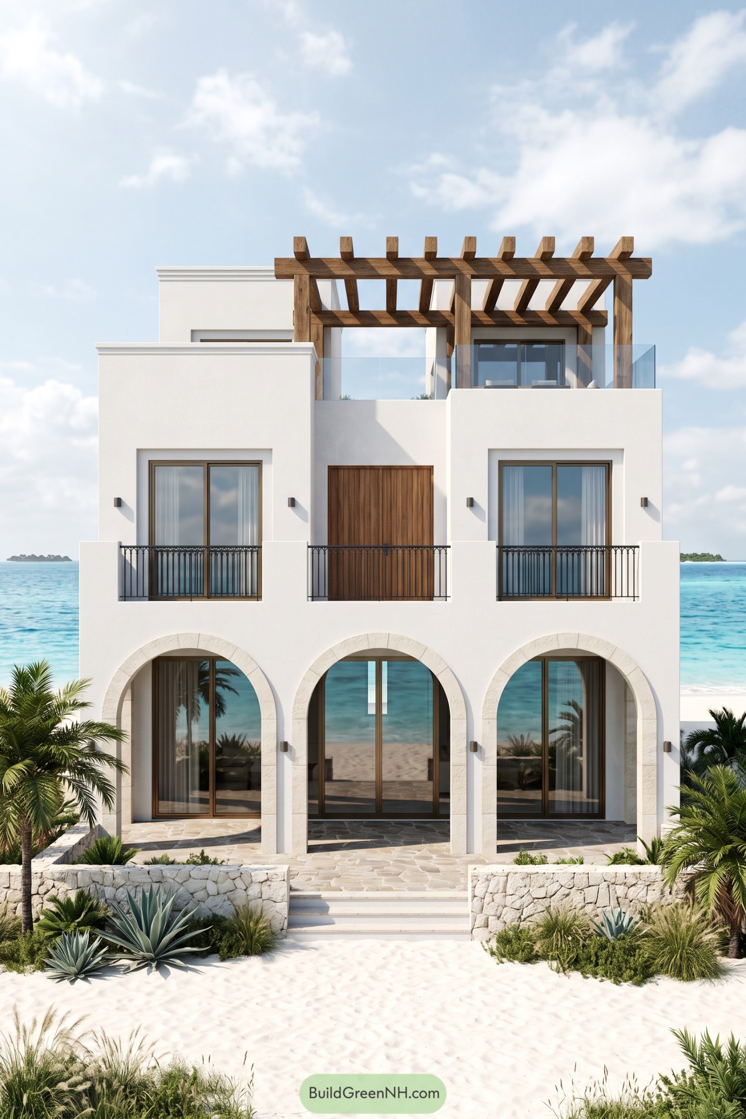 White beach villa with three stone-trimmed arches, black balcony railings, a timber rooftop pergola, and tropical planting