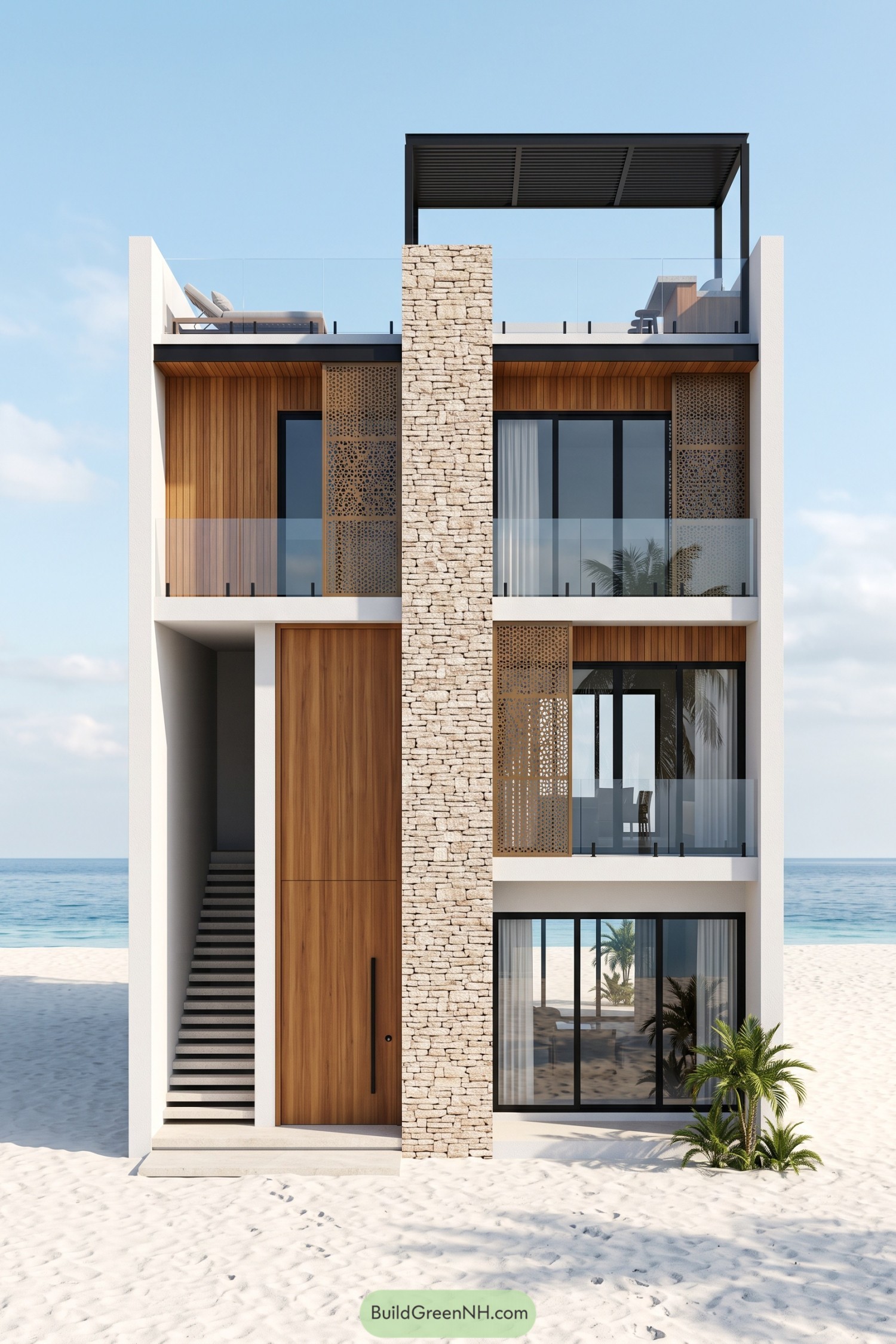 Tall beach villa with pale stonework, timber cladding, patterned screens, glass balconies, and a rooftop pergola
