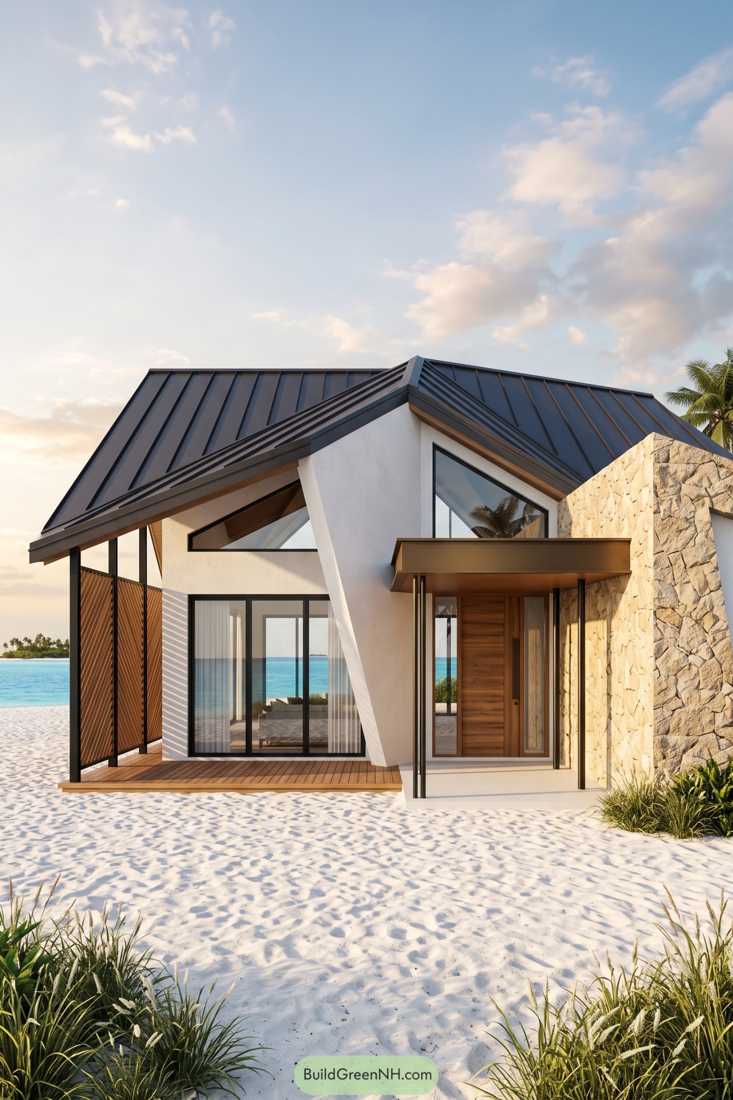 Beach villa with a folded metal roof, angled white walls, timber screens, and a stone entrance wall
