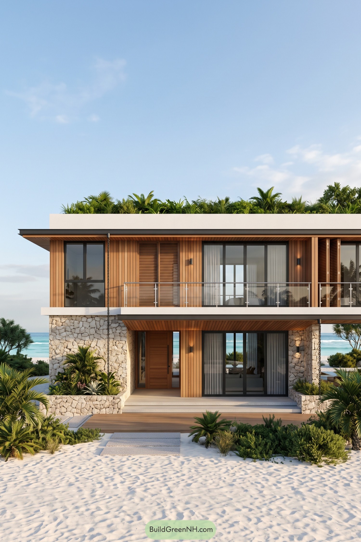 Two-story beach villa with timber cladding, pale stone walls, glass balcony railings, rain chains, and a lush rooftop garden