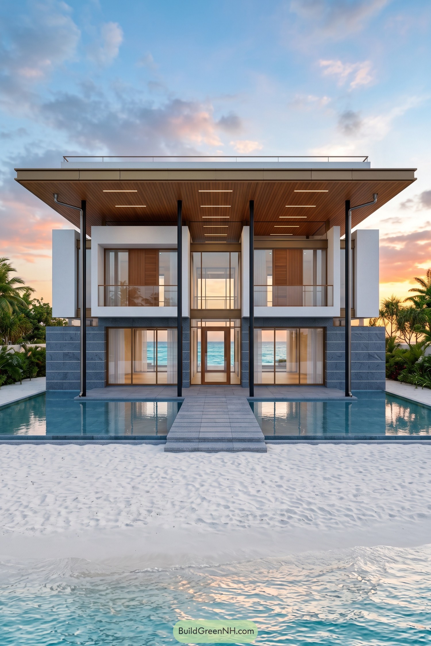 Symmetrical beach villa with a timber canopy, slender black columns, white balcony frames, and a central walkway between pools