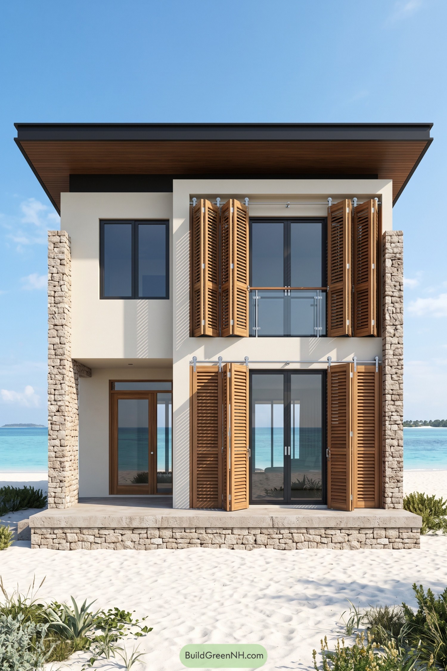 Two-story beach villa with folding wooden shutters cream walls stone piers and a broad roof overhang