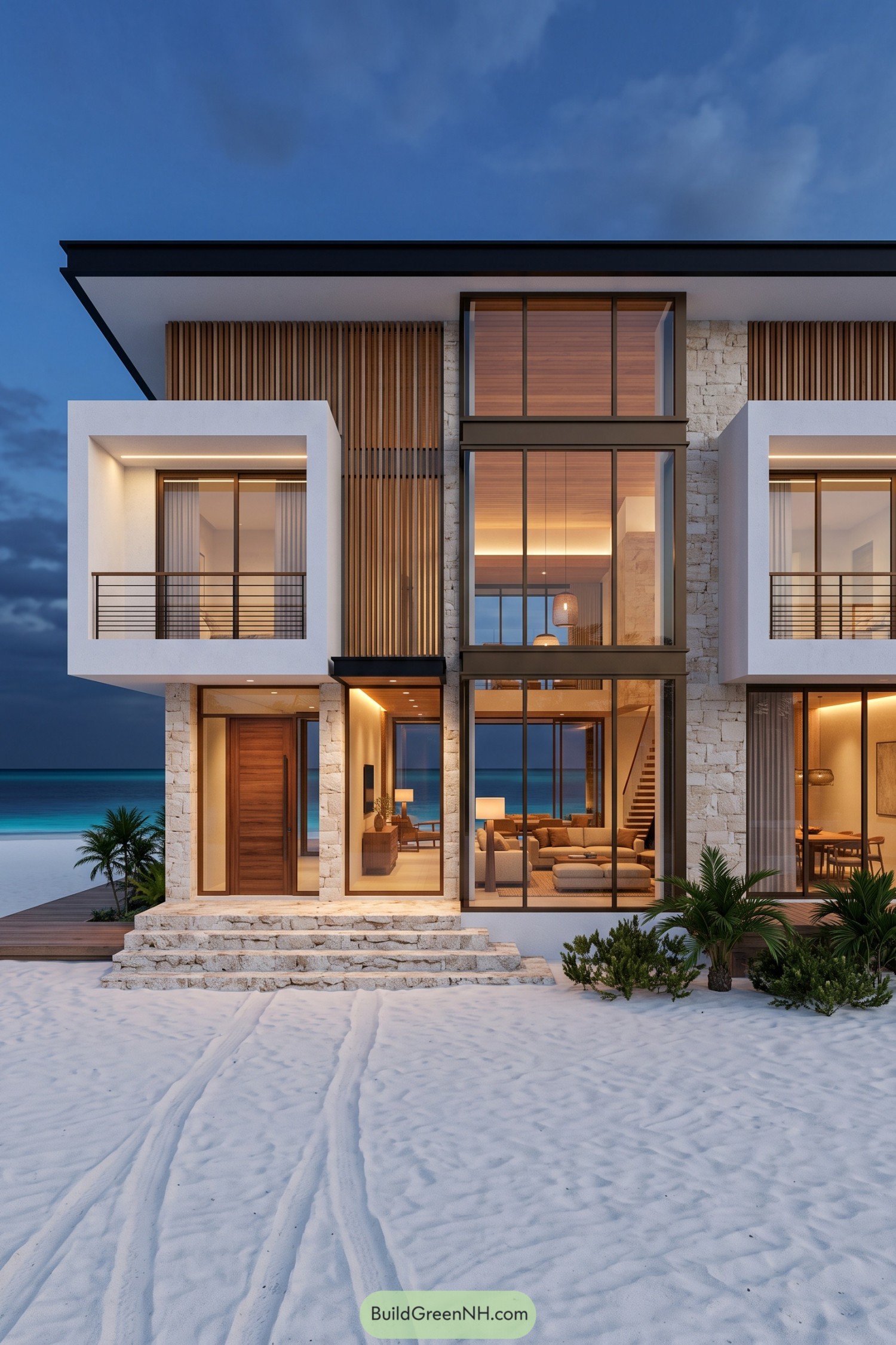 Modern beach villa with white box balconies, vertical timber screens, pale stone walls and tall black framed windows
