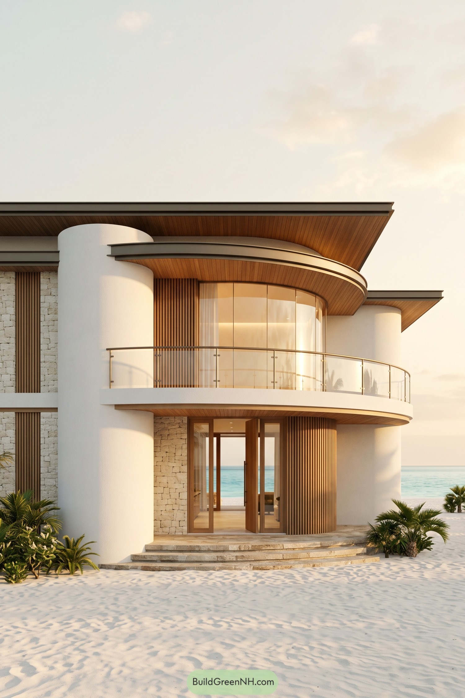 Modern beach villa with curved white walls, a glass balcony, timber detailing, and pale stone entrance steps