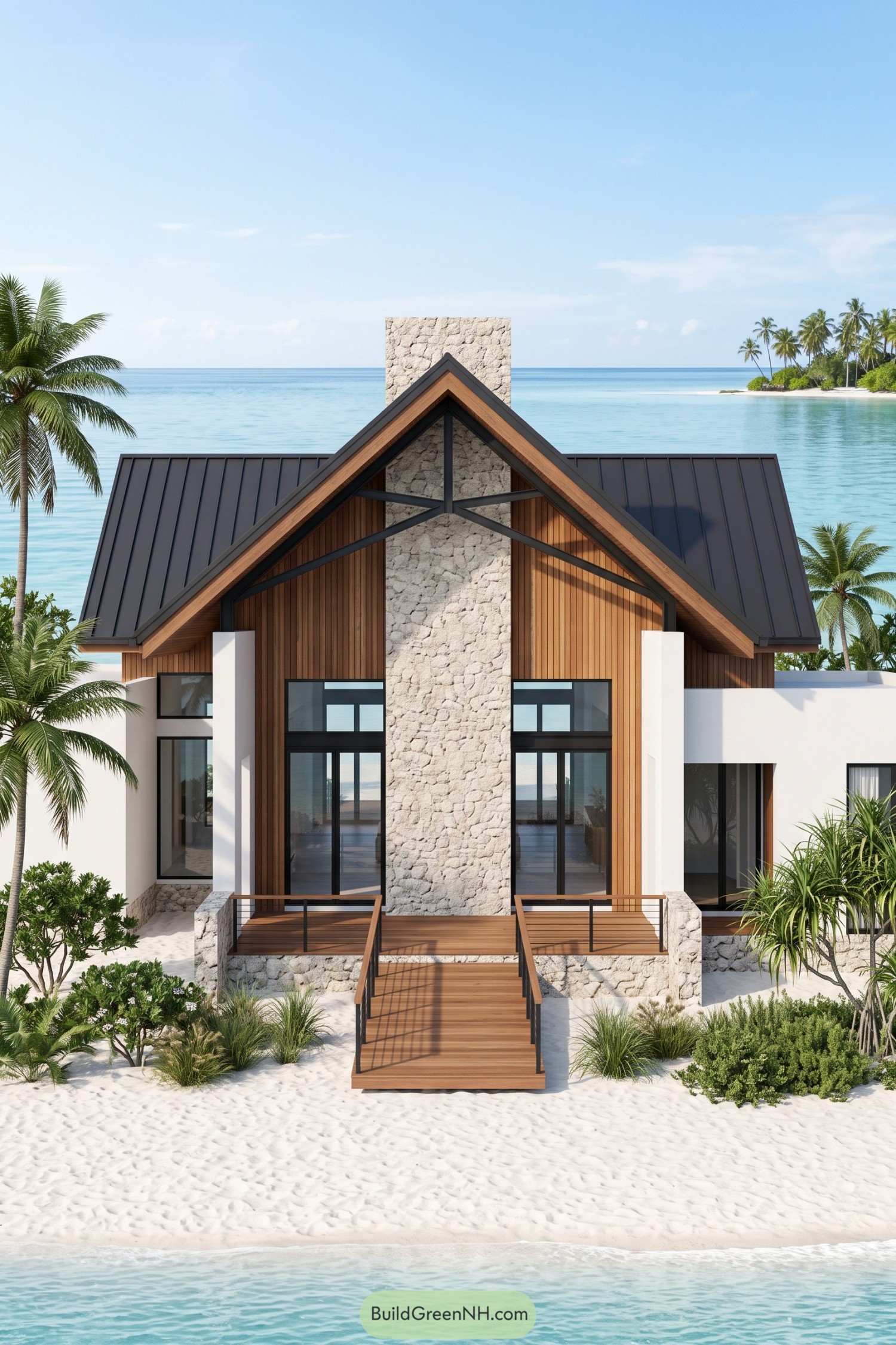 Modern beach villa with a steep charcoal roof, central stone chimney, timber cladding, and a raised wooden terrace