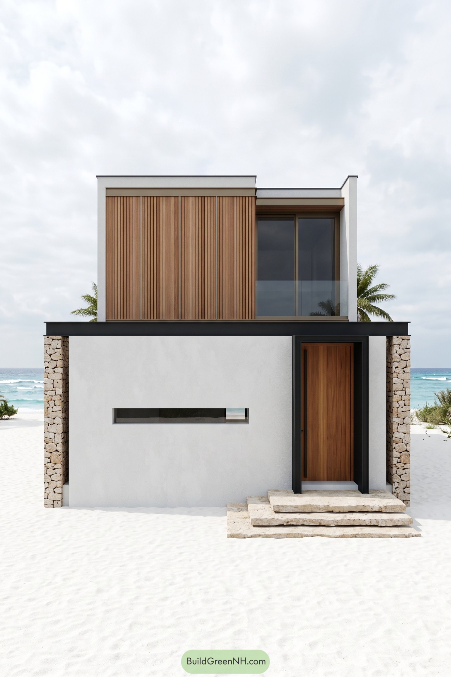 Modern beach villa with white walls, vertical wood cladding, stone columns, and a recessed glass balcony