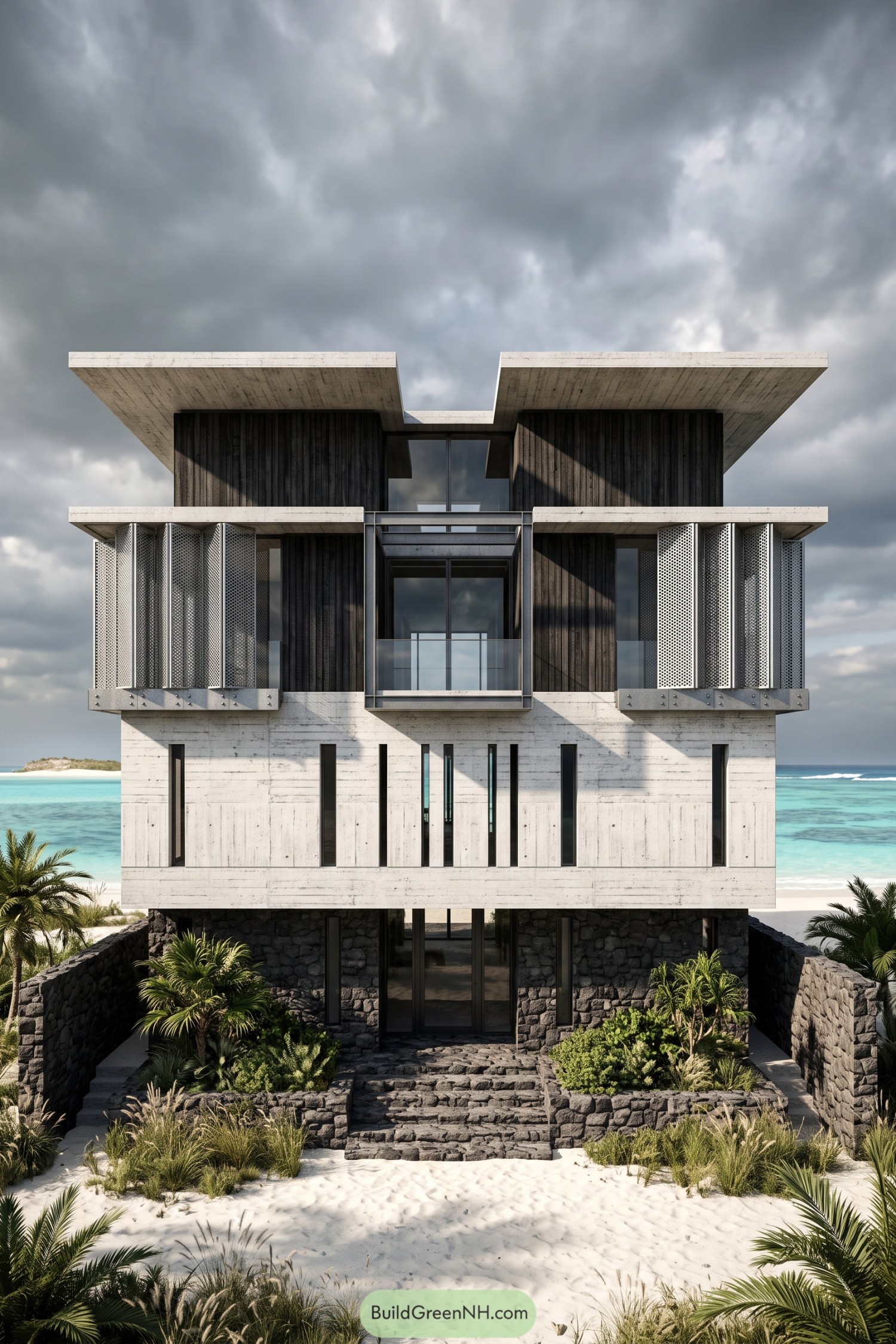 Modern beach villa with folded metal screens, dark timber cladding, broad concrete overhangs and a stone garden entrance