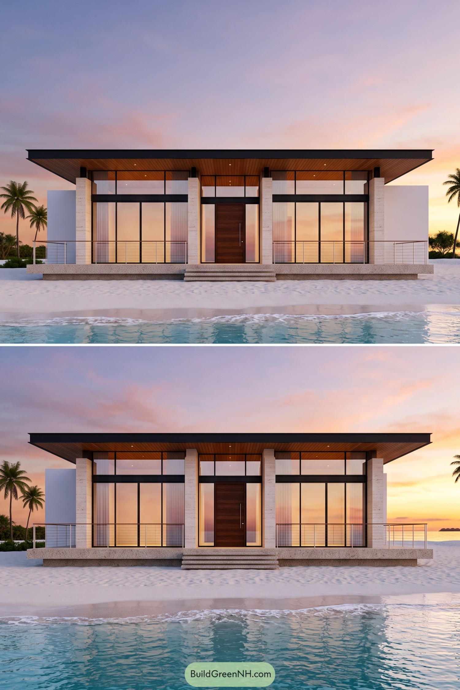 Beach villa with symmetrical glass bays, pale stone columns, a timber soffit, and a raised terrace facing the sea