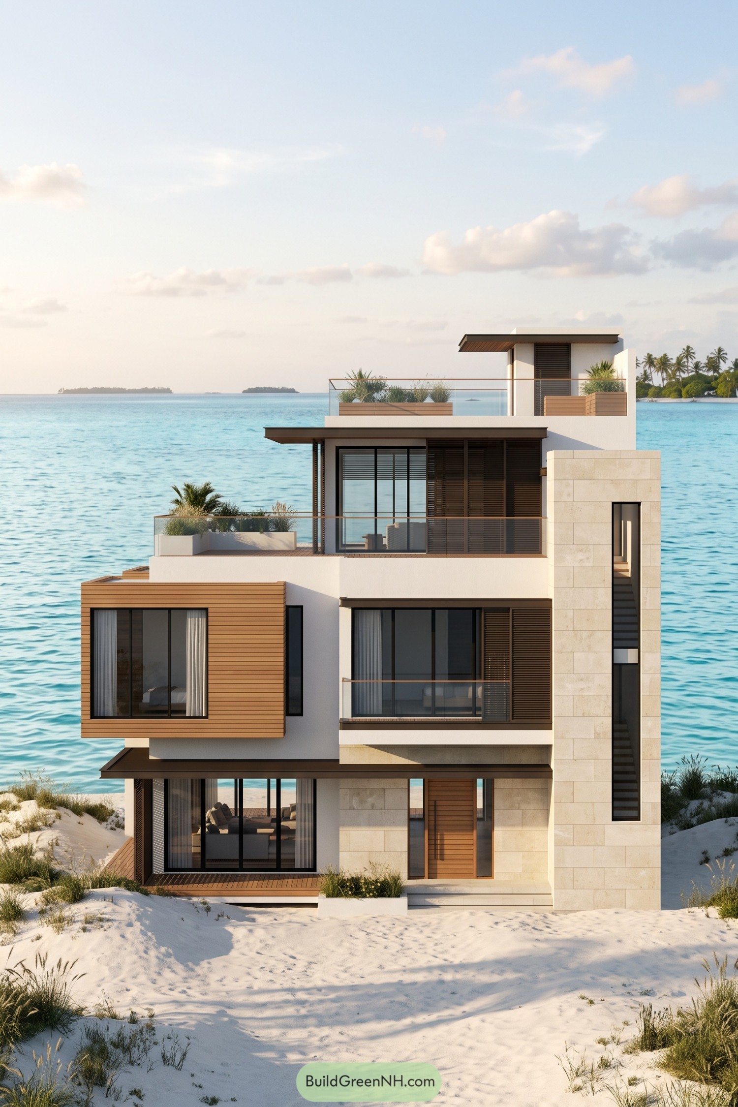 Modern beach villa with stacked terraces, timber cladding, glass railings, and a tall pale stone stair tower