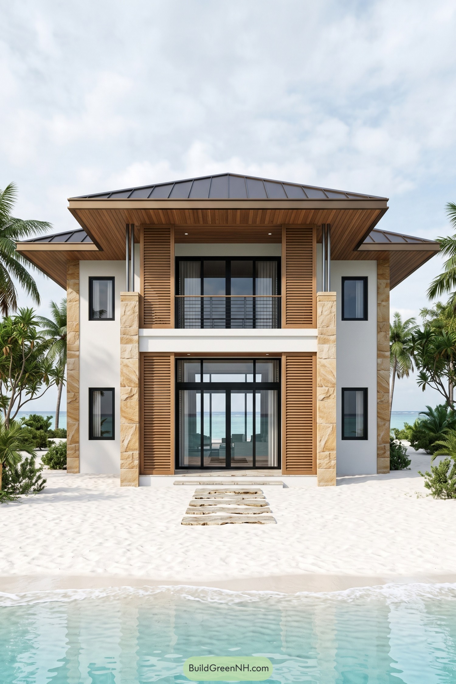 Two-story beach villa with timber louvers, pale stone columns, a recessed balcony, and broad metal roofs