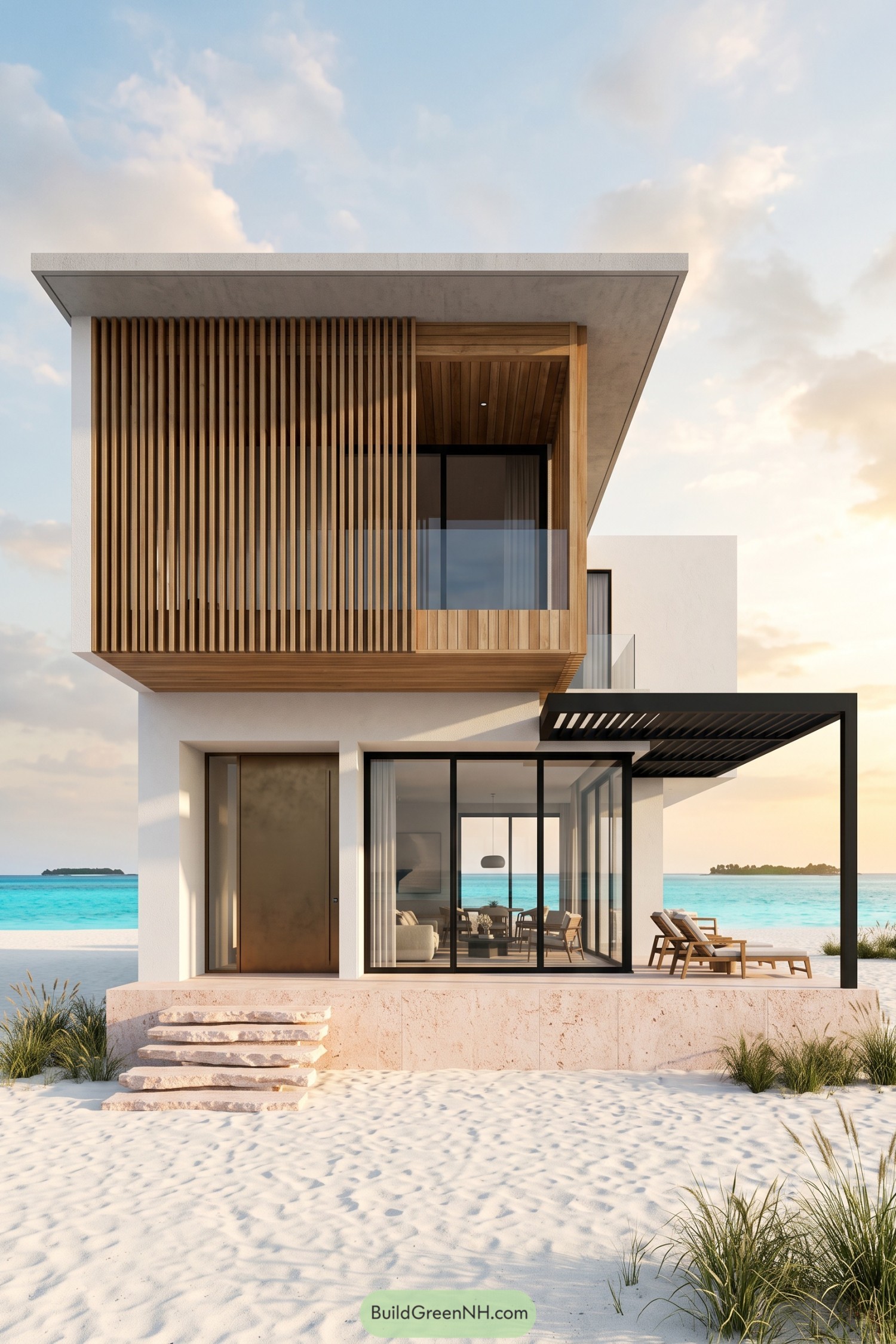 Two-story beach villa with timber screens, white walls, a glass balcony and a black pergola above a seaside terrace