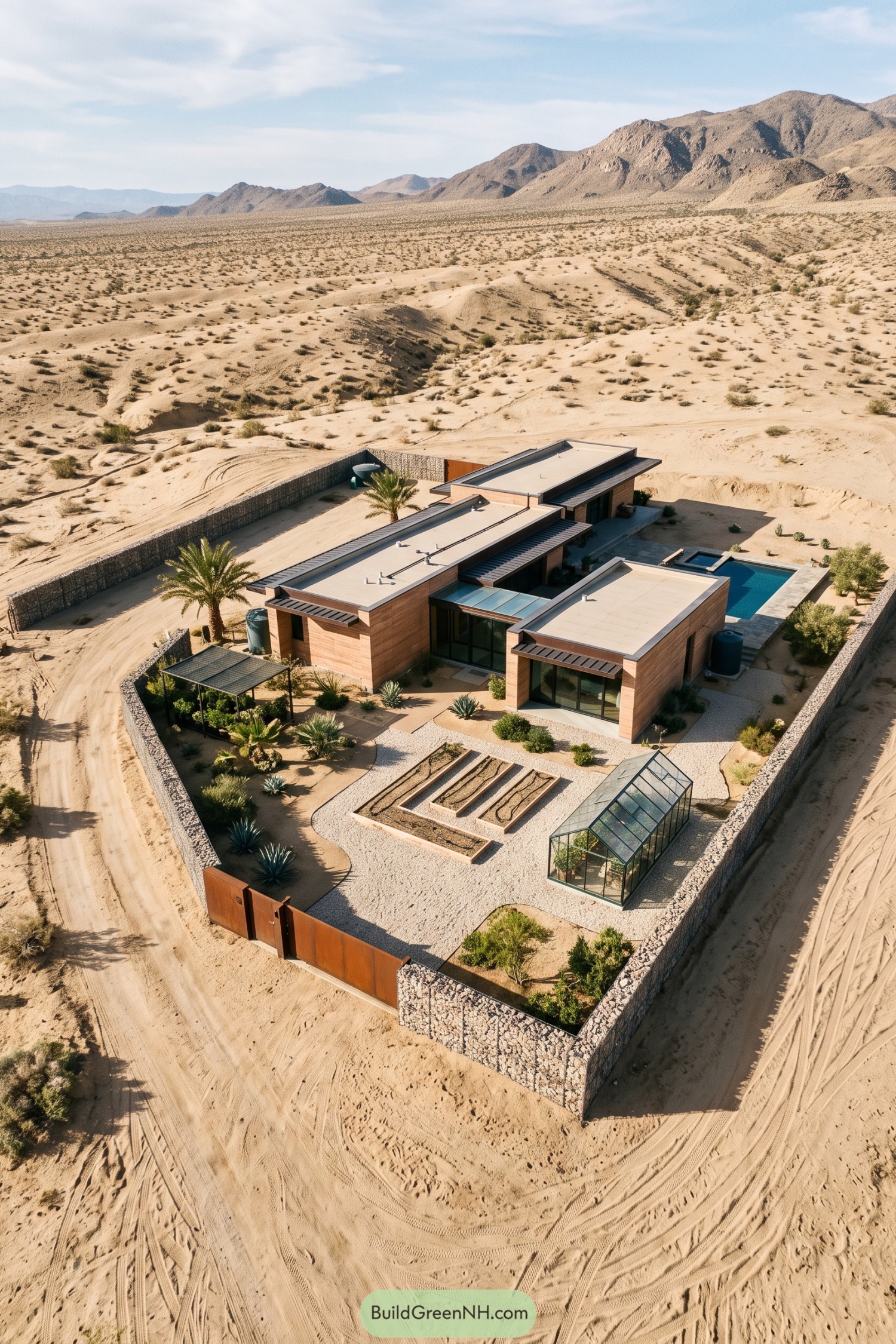 Aerial view of a walled desert compound with flat roofed pavilions, a pool, raised planting beds, and a greenhouse
