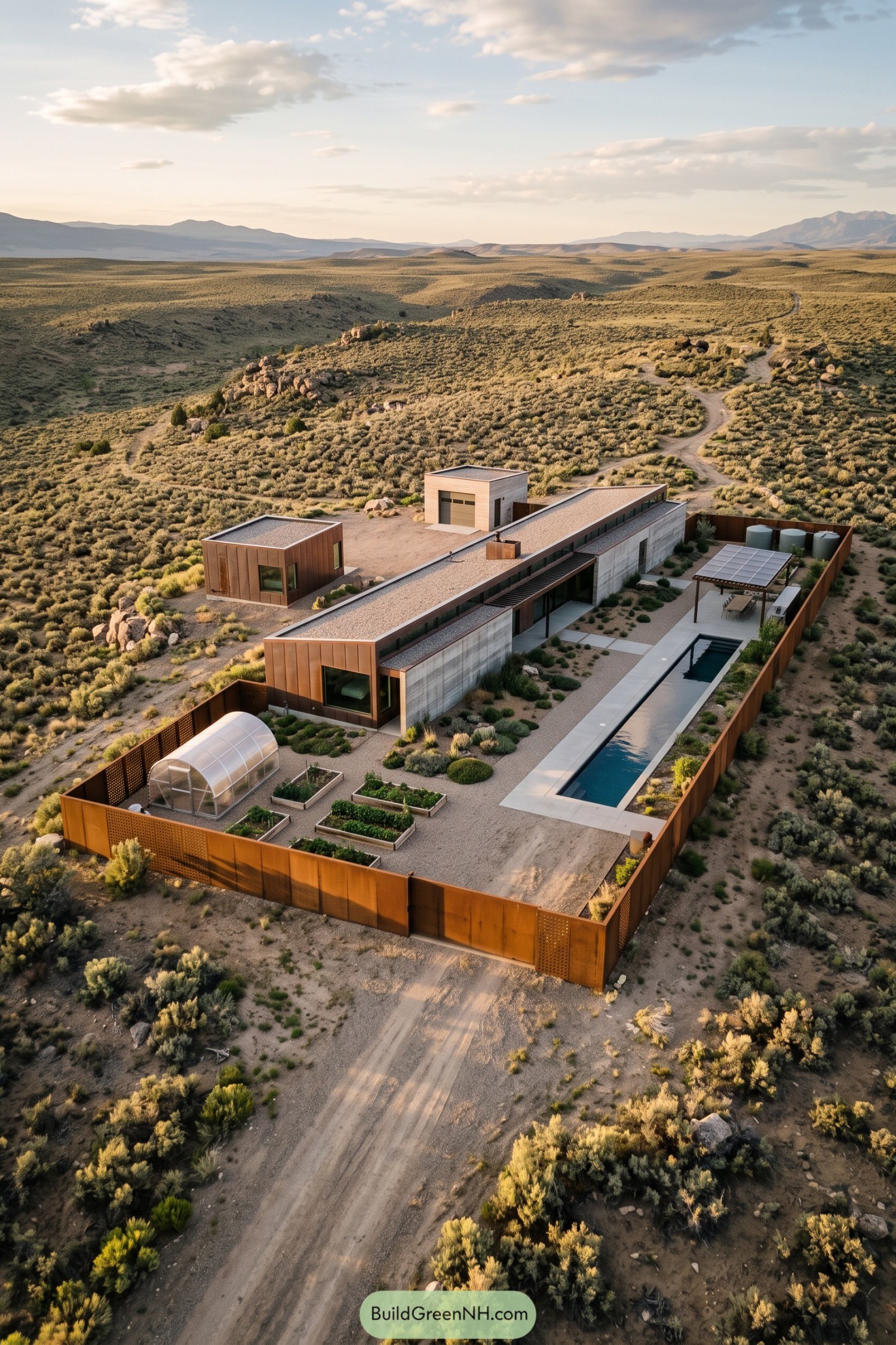 Modern desert compound with rust-colored fencing, concrete buildings, a lap pool, greenhouse, and raised planting beds