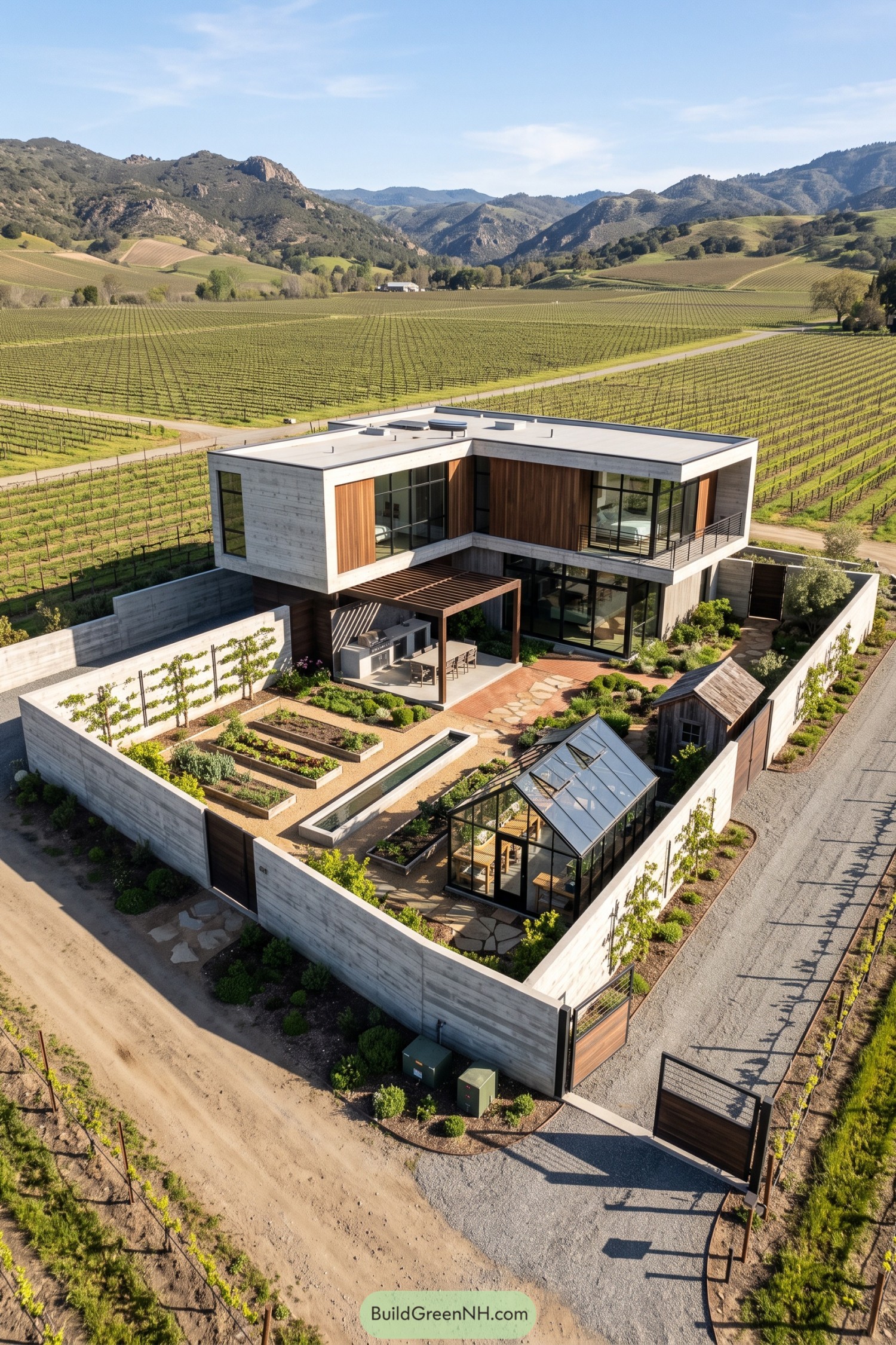 Concrete and timber compound with a walled garden, greenhouse, raised beds, and outdoor kitchen amid vineyards