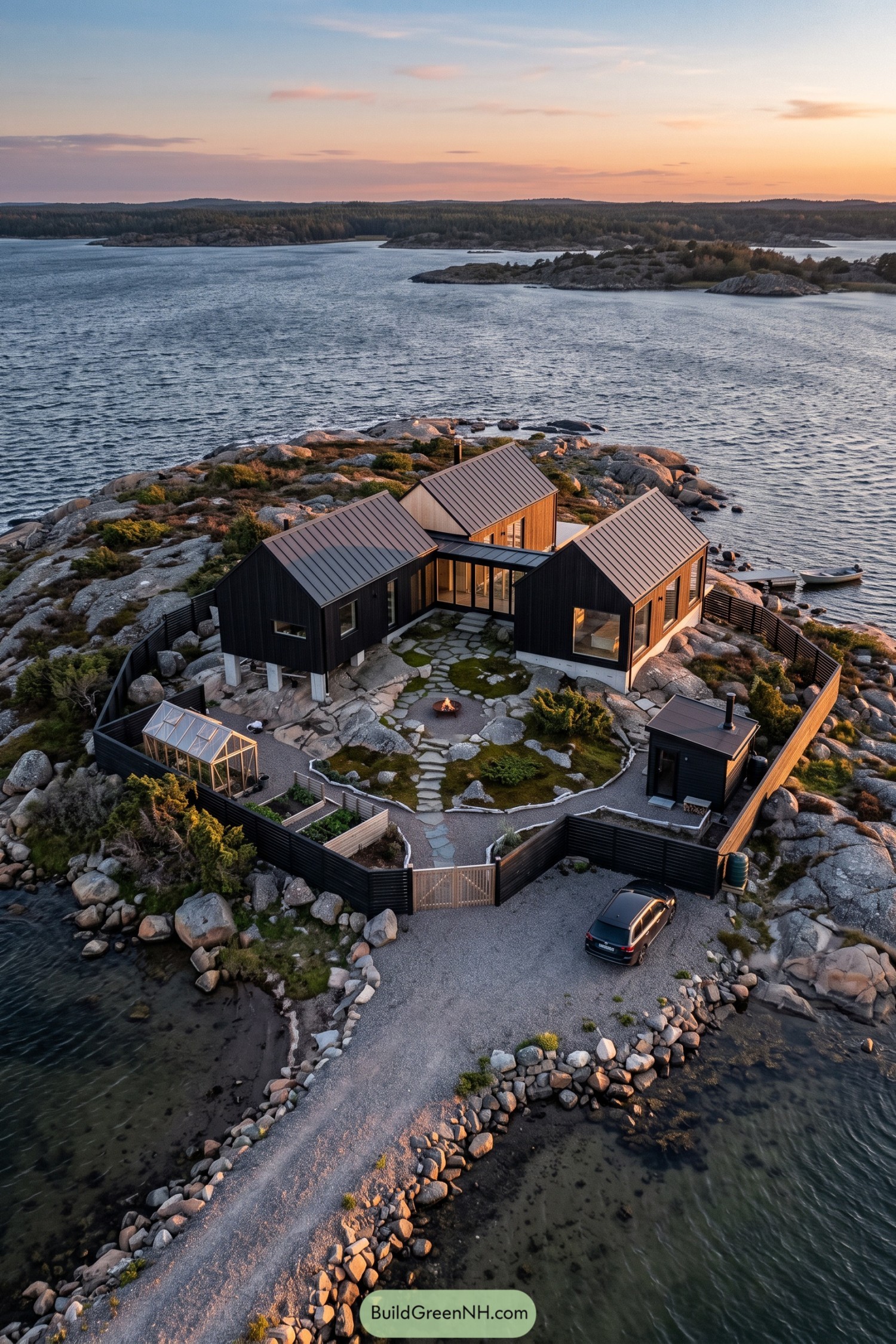 Three timber gabled buildings surround a rocky courtyard with a greenhouse and garden beds beside the water