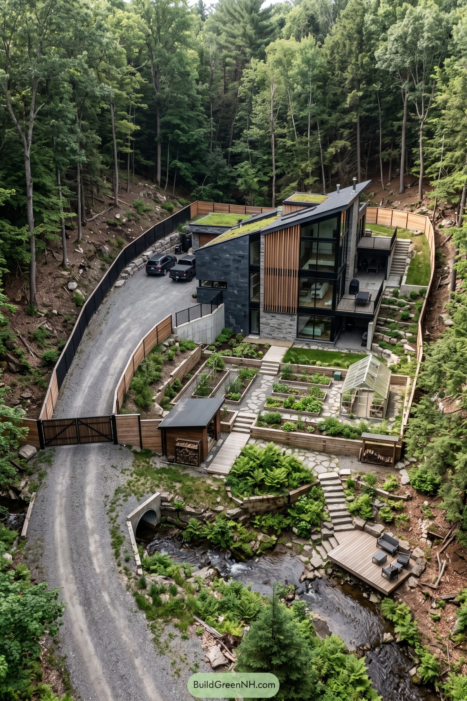 Tall stone and timber home with planted roofs, terraced vegetable beds, a greenhouse, and a deck beside a wooded stream