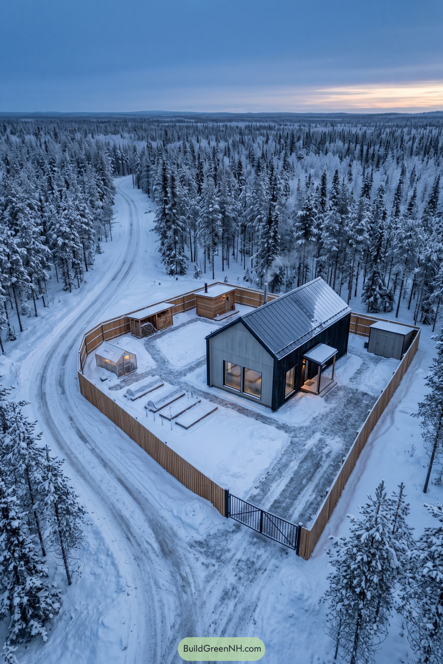 Aerial view of a fenced winter compound with a steep-roofed house, greenhouse, raised beds and timber outbuildings surrounded by snowy forest