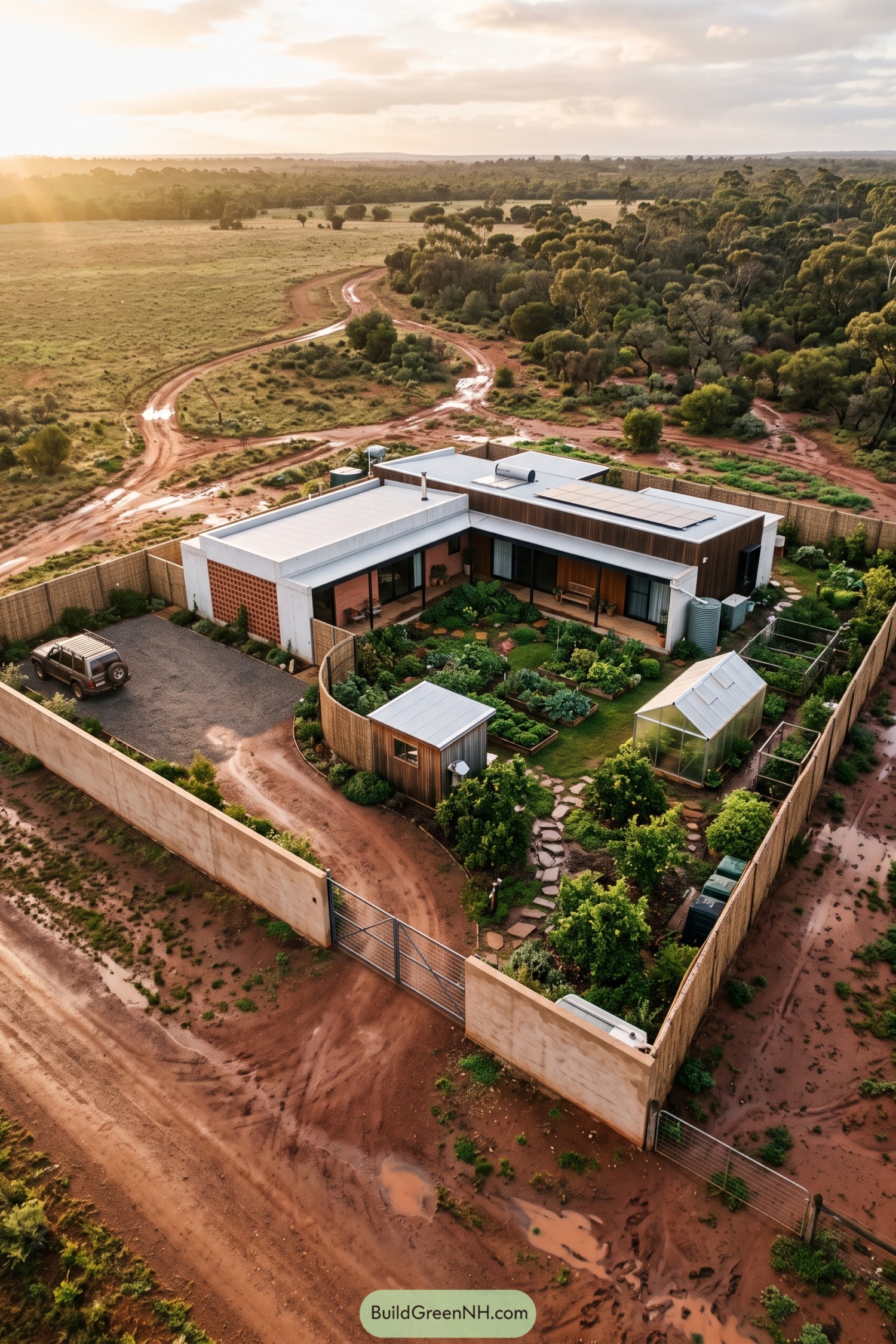 Aerial view of a walled rural home with solar panels, a sheltered veranda, vegetable beds, a greenhouse and a timber shed