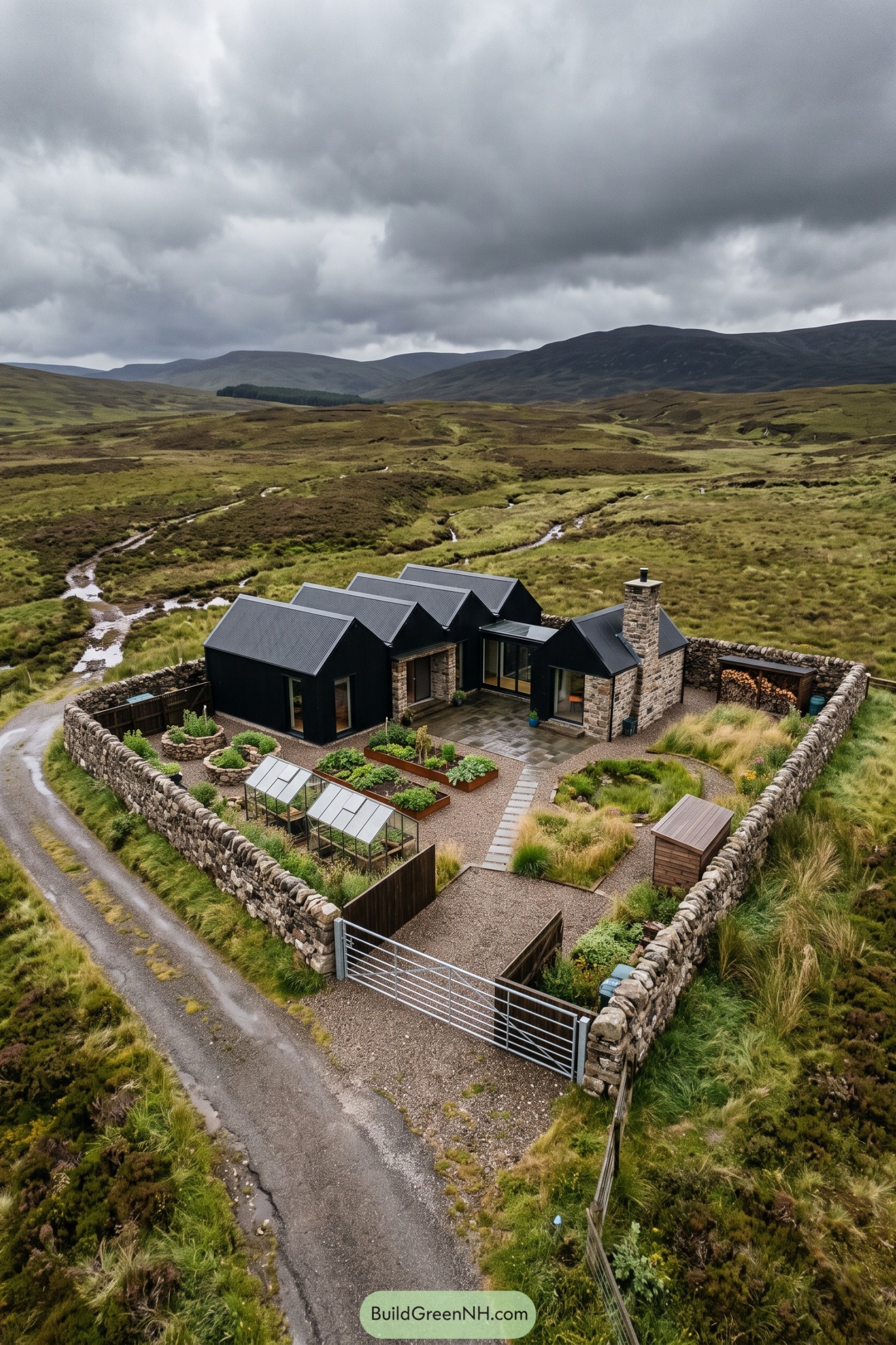 Black gabled homes and a stone chimney surround a courtyard garden with greenhouses inside stone walls on open moorland