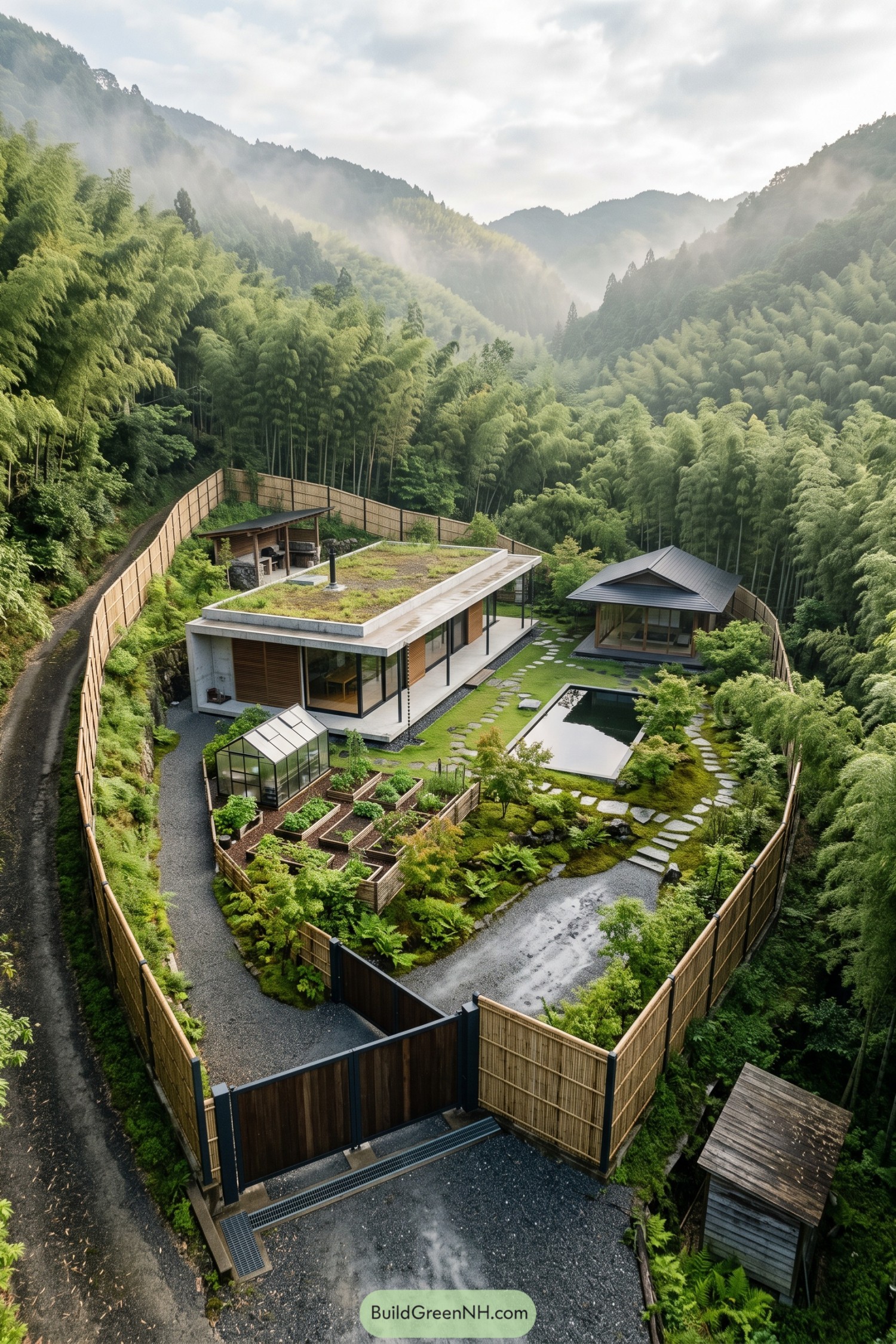 Bamboo enclosed compound with a planted roof home, separate pavilion, reflecting pool, greenhouse and raised garden beds