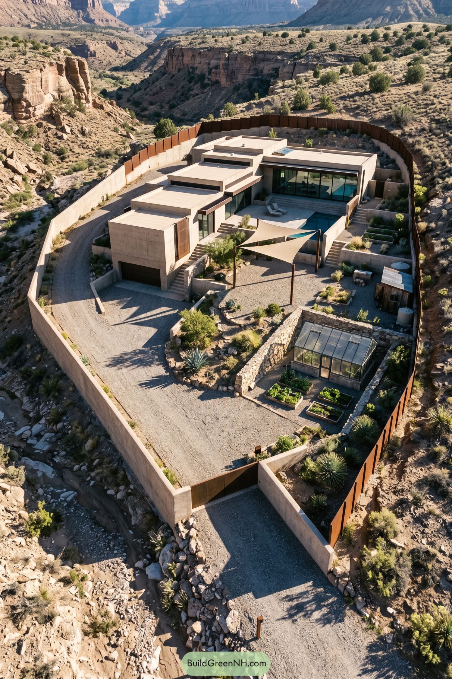 Walled canyon compound with stepped concrete roofs, a pool, shade sails, desert gardens, and a small greenhouse