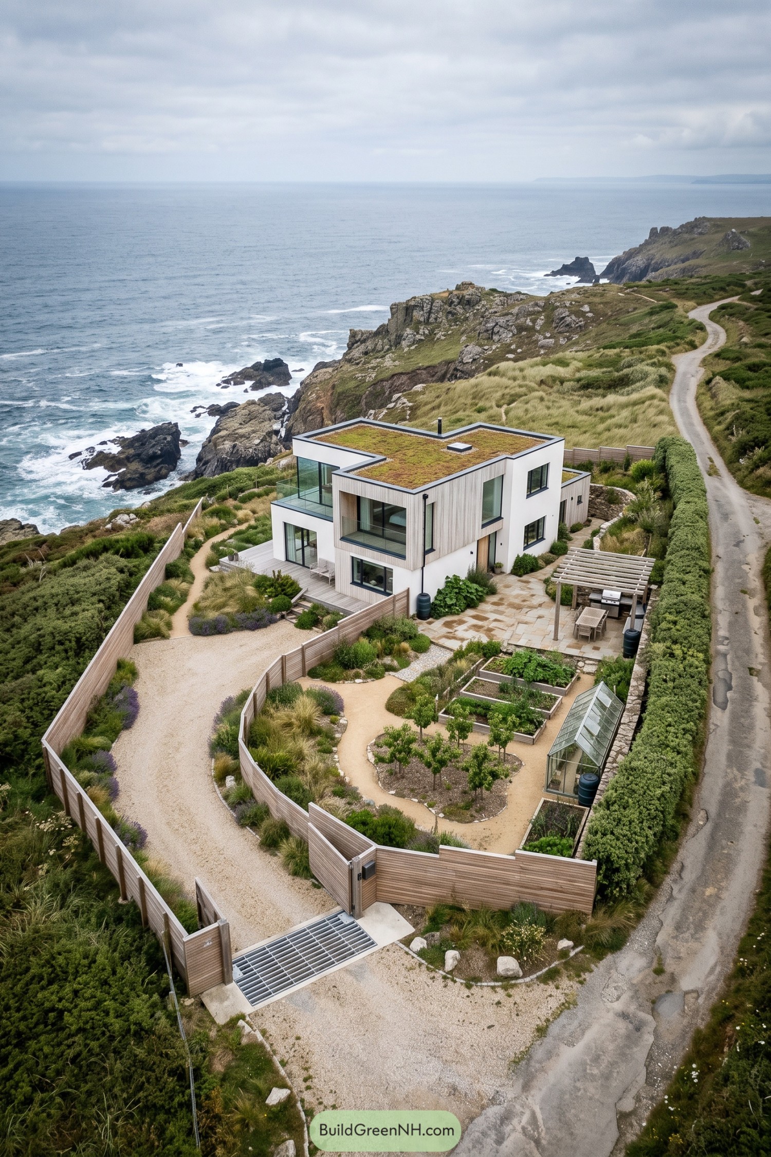 Modern coastal home with a planted roof, timber screens, enclosed gardens, and a greenhouse above rocky cliffs