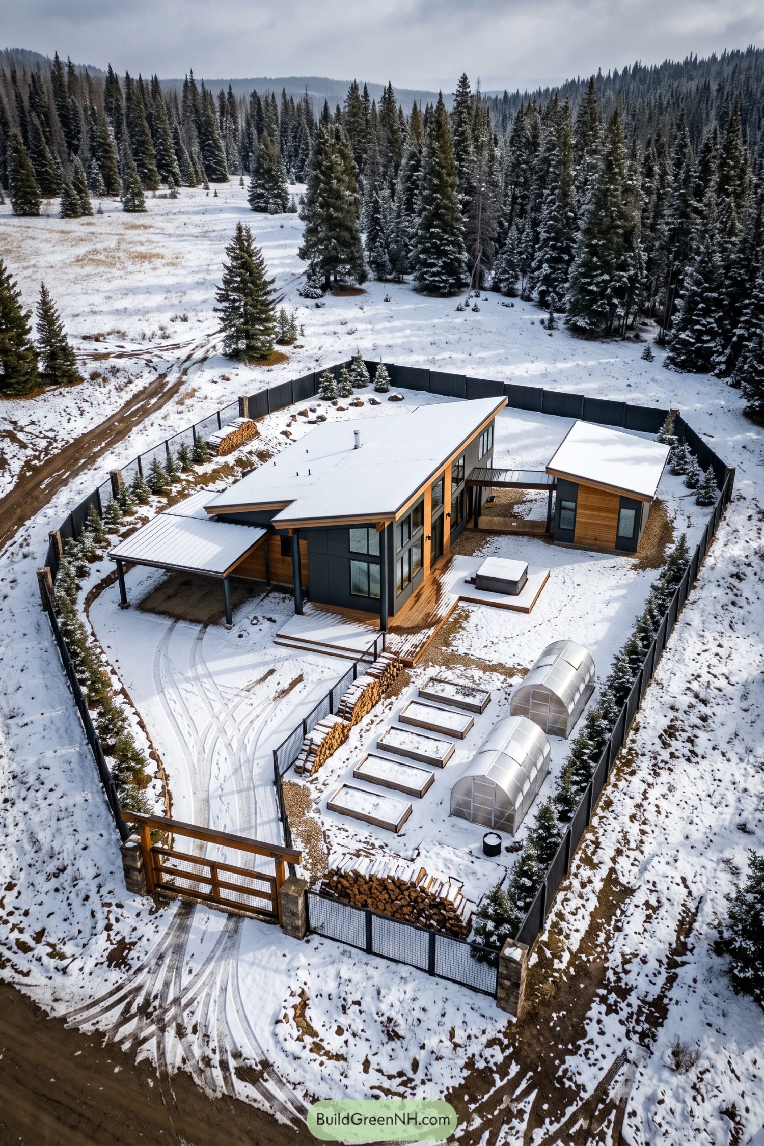 Snow-covered modern homestead with charcoal siding, timber accents, a connected outbuilding, greenhouses, and fenced gardens among conifers