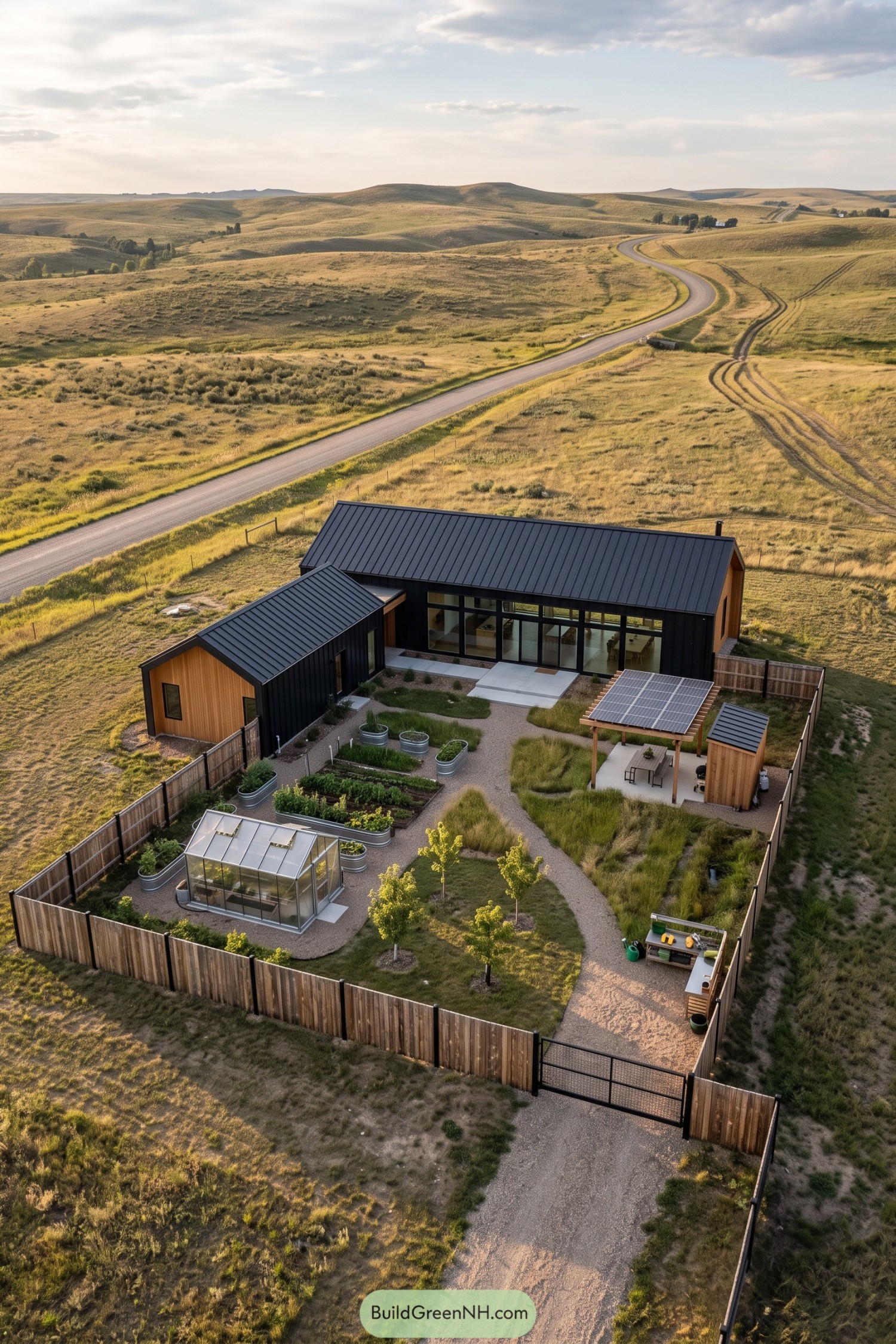 Black metal and timber compound enclosing a fenced garden with raised beds, a greenhouse, and a solar pergola