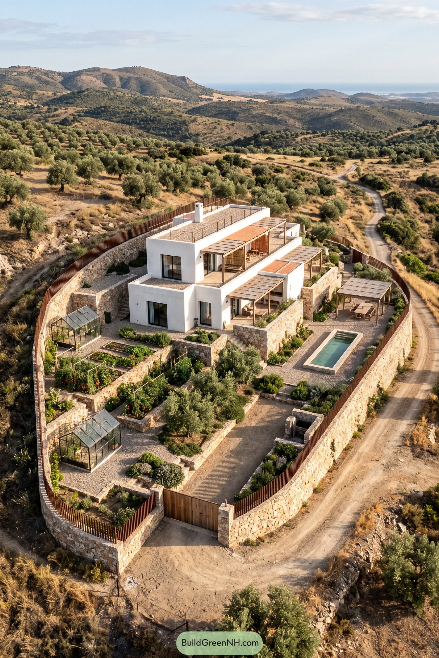 White hillside compound with stone terraces, timber pergolas, greenhouses, garden beds, and a narrow pool among olive groves