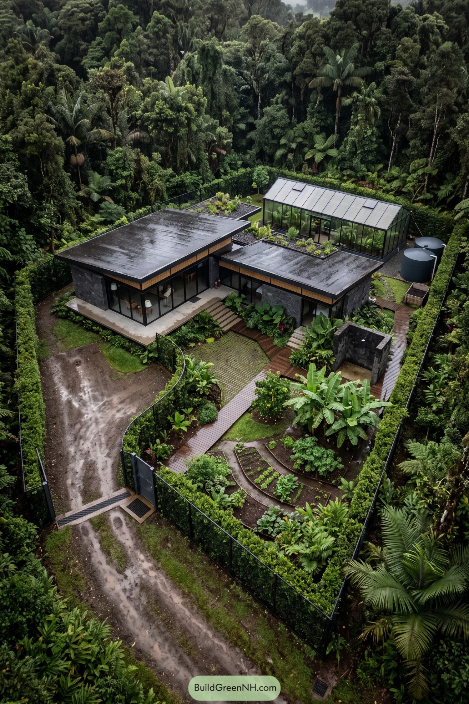 Modern rainforest compound with dark stone buildings a greenhouse timber walkways and curved vegetable beds