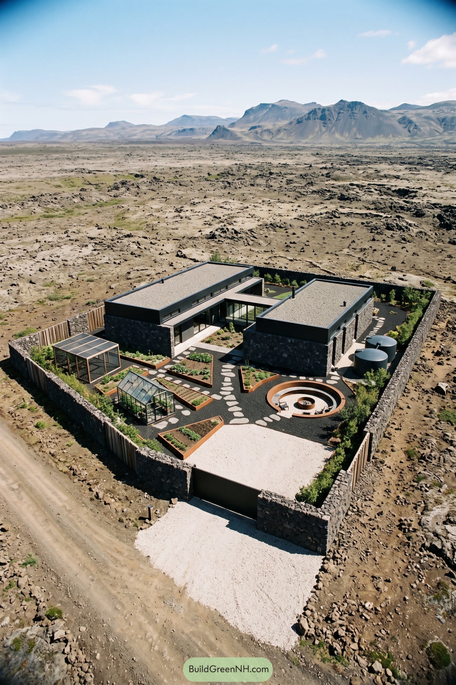 Stone compound with flat roofs, raised garden beds, a greenhouse, and circular sunken seating in a volcanic landscape