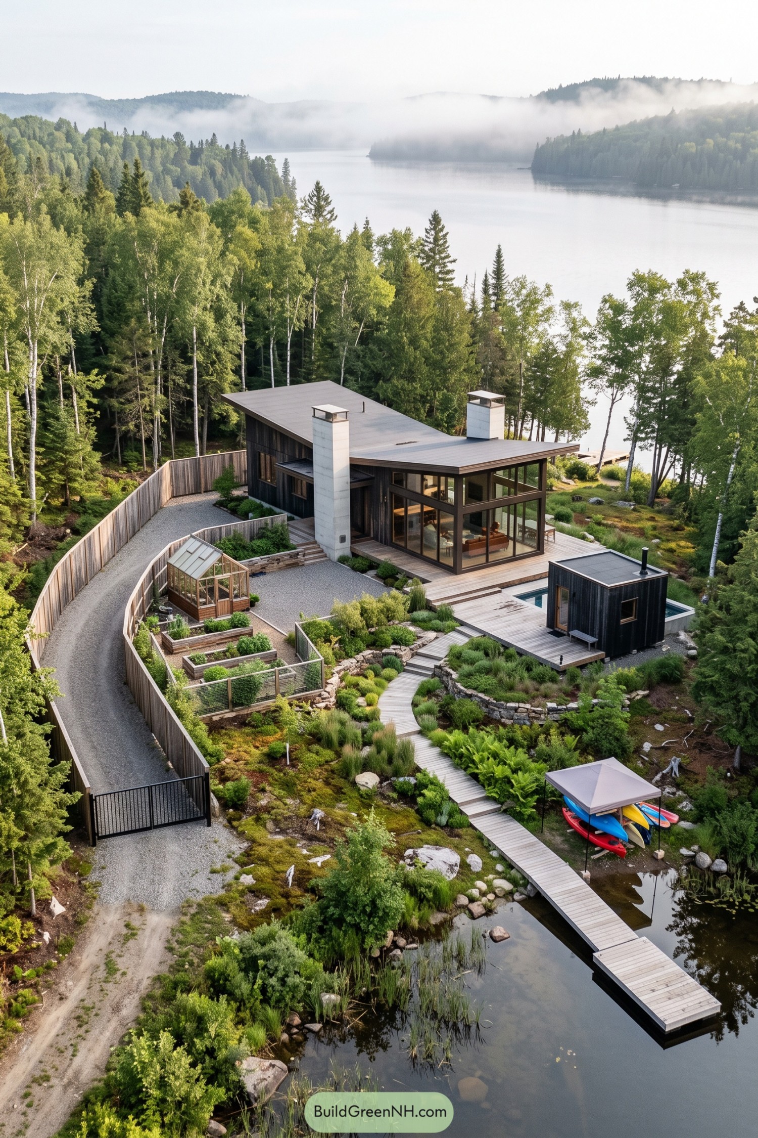 Lakeside timber compound with broad sloping roofs, glazed living spaces, terraced gardens, a greenhouse, and a long wooden dock