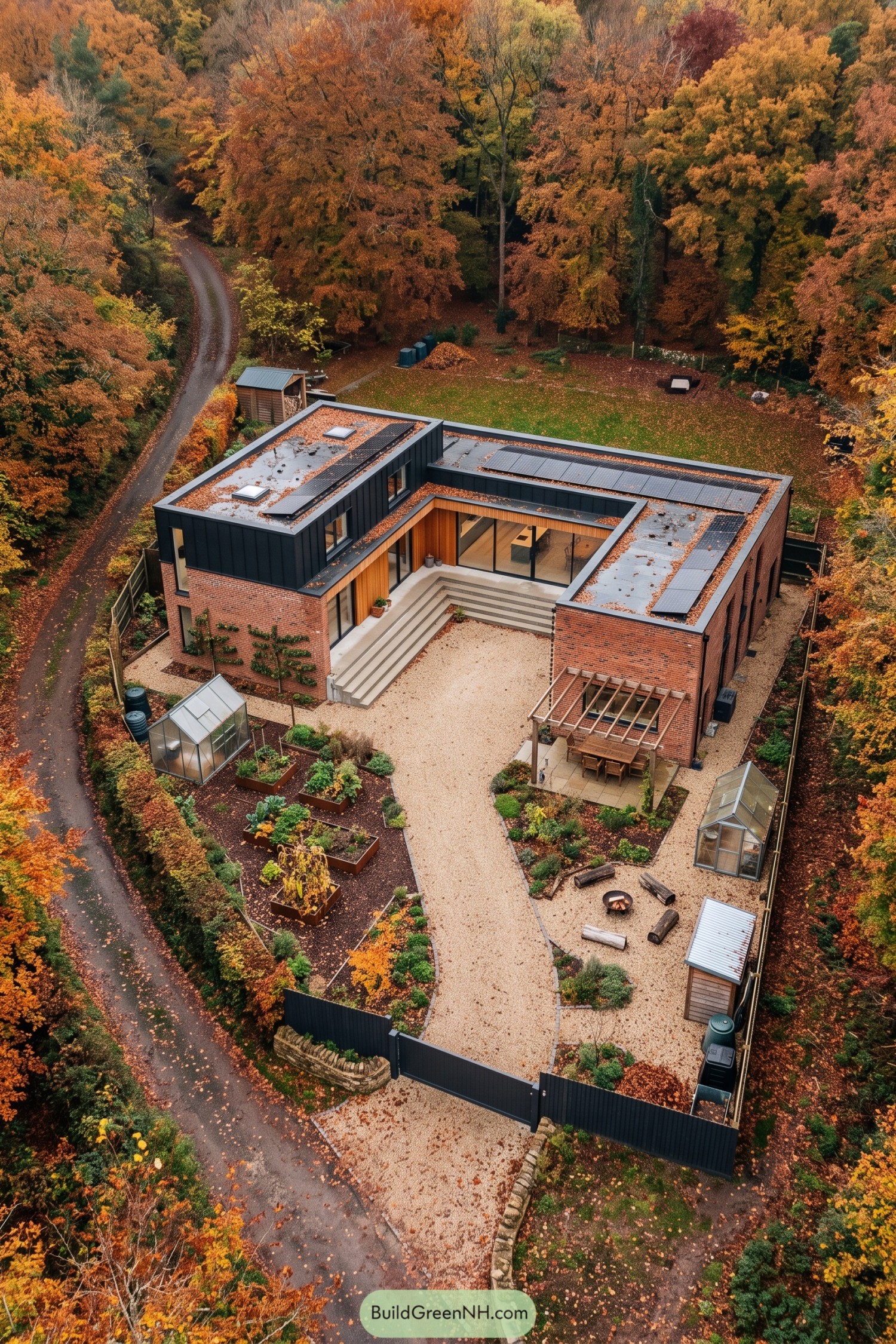 Aerial view of a brick courtyard home with solar panels, greenhouses, and raised garden beds surrounded by autumn woodland