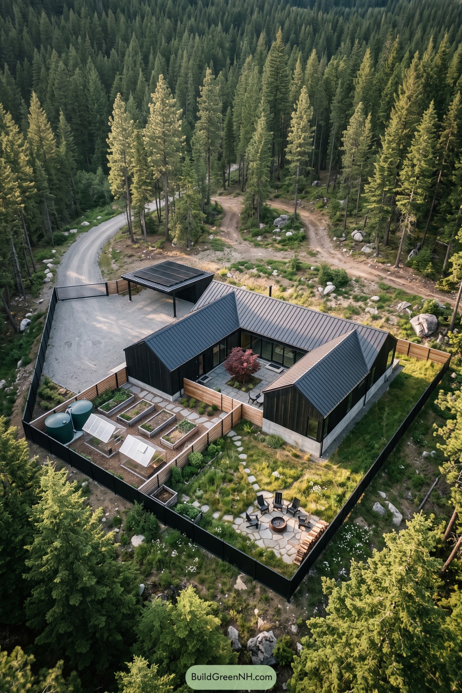 Aerial view of a black courtyard home with fenced gardens, two greenhouses, a solar carport, and firepit seating surrounded by forest