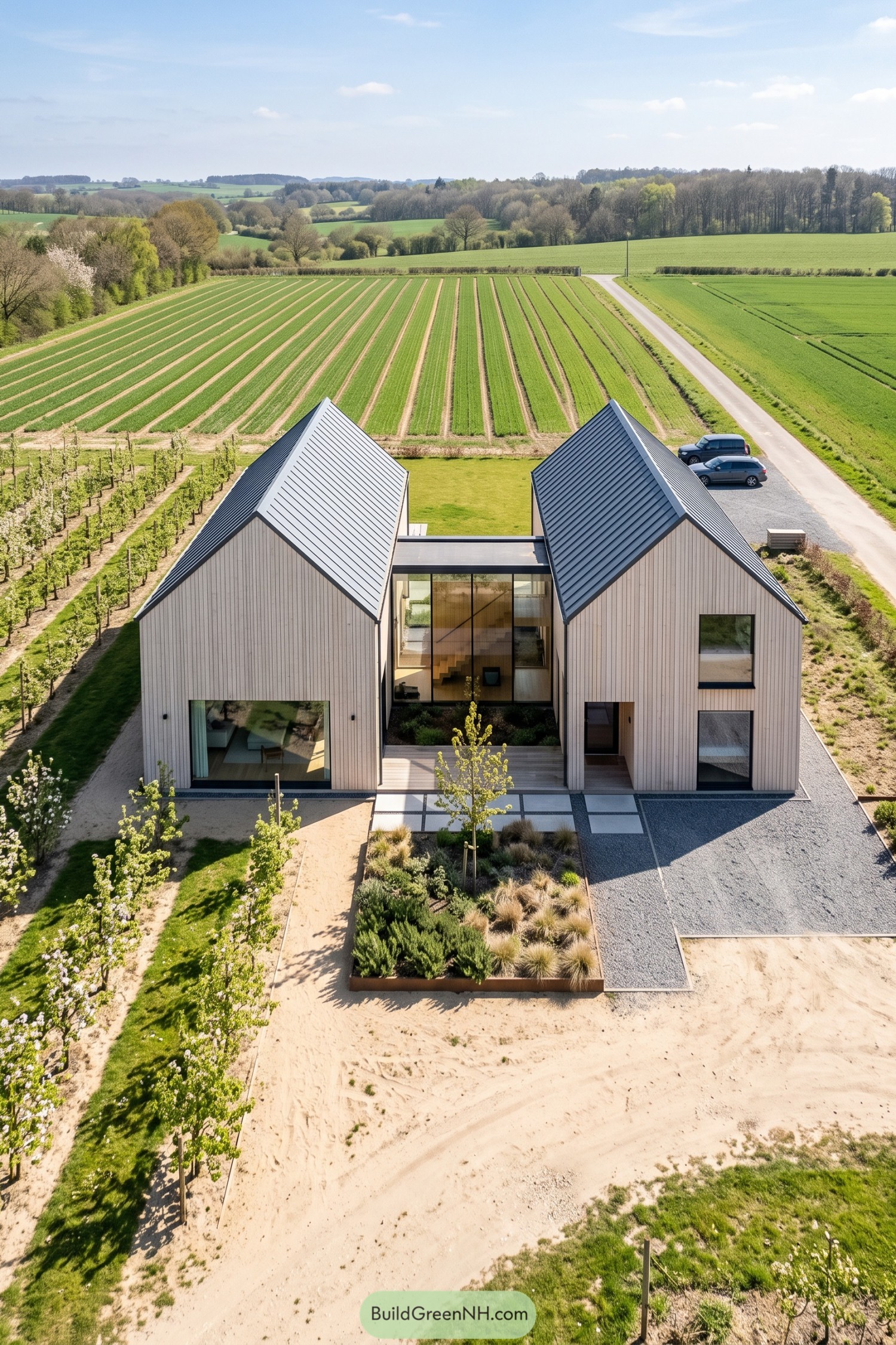 Twin timber gable homes linked by glass beside orchards and fields