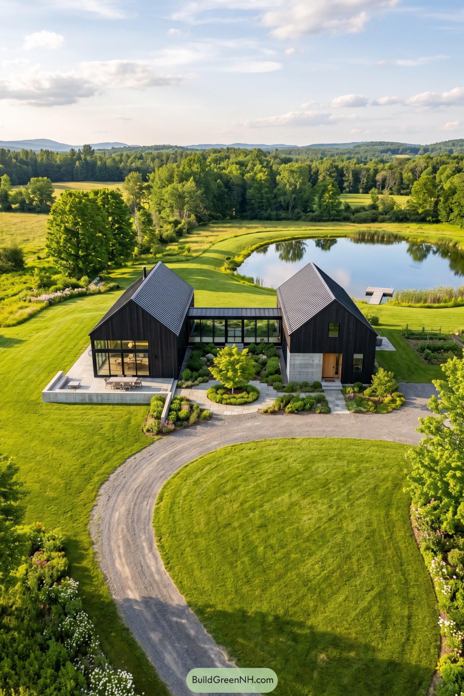 Two dark gabled barns linked beside a pond