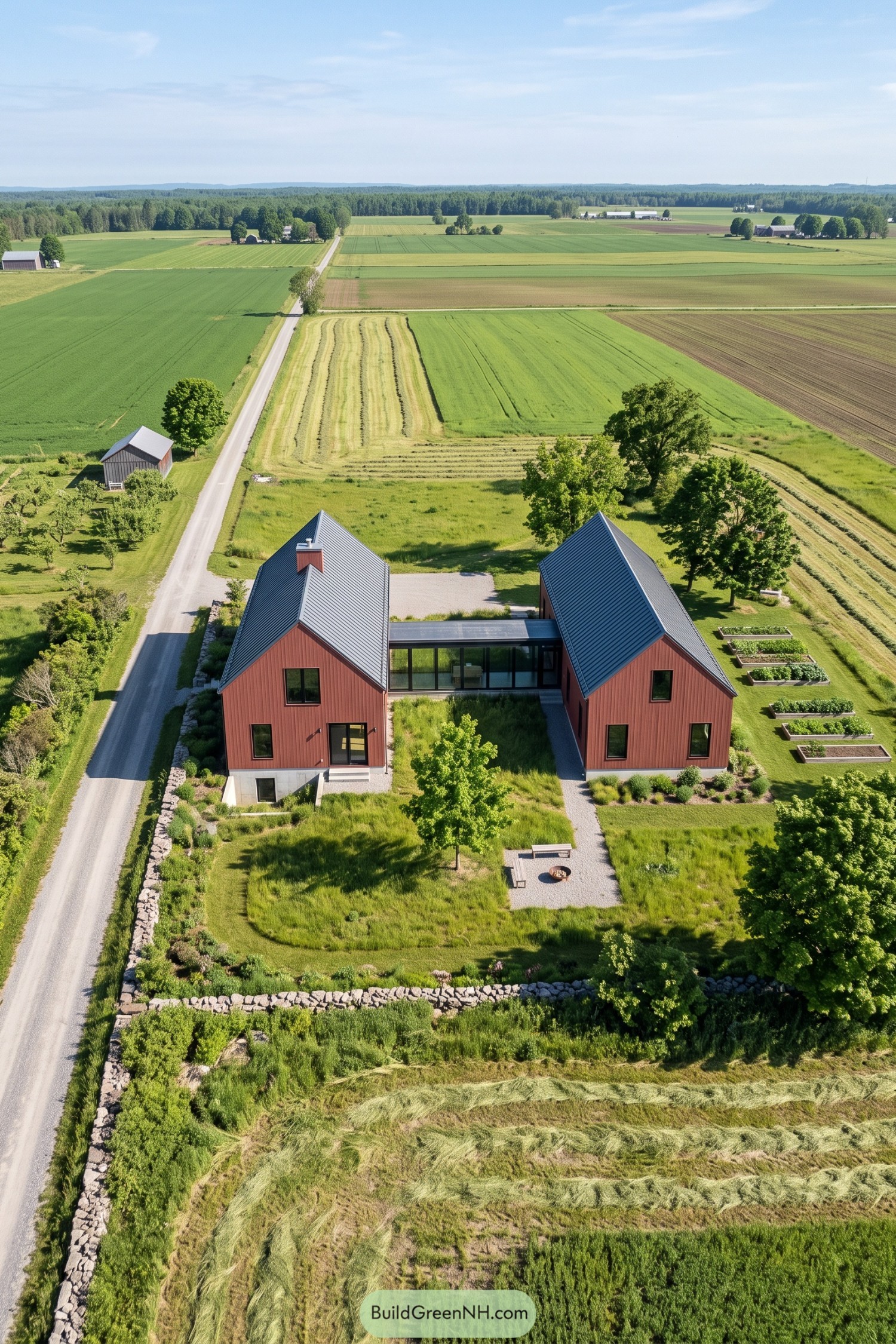 Aerial view of red twin barn homes linked by glass