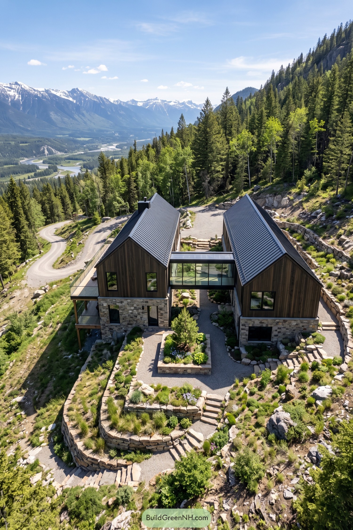 Twin timber barns linked by a glass bridge on a mountain slope