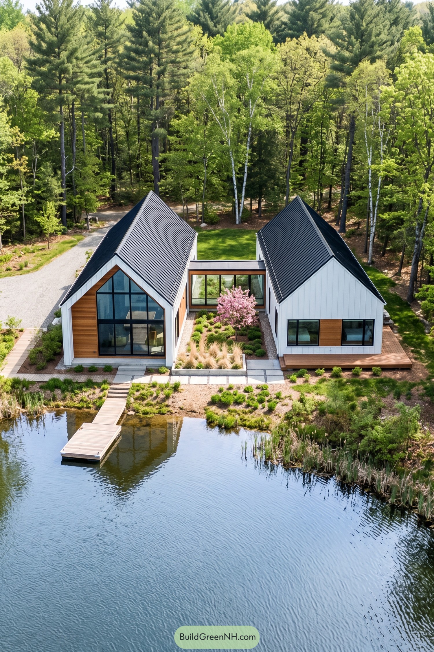 Twin white gabled barns beside a wooded pond