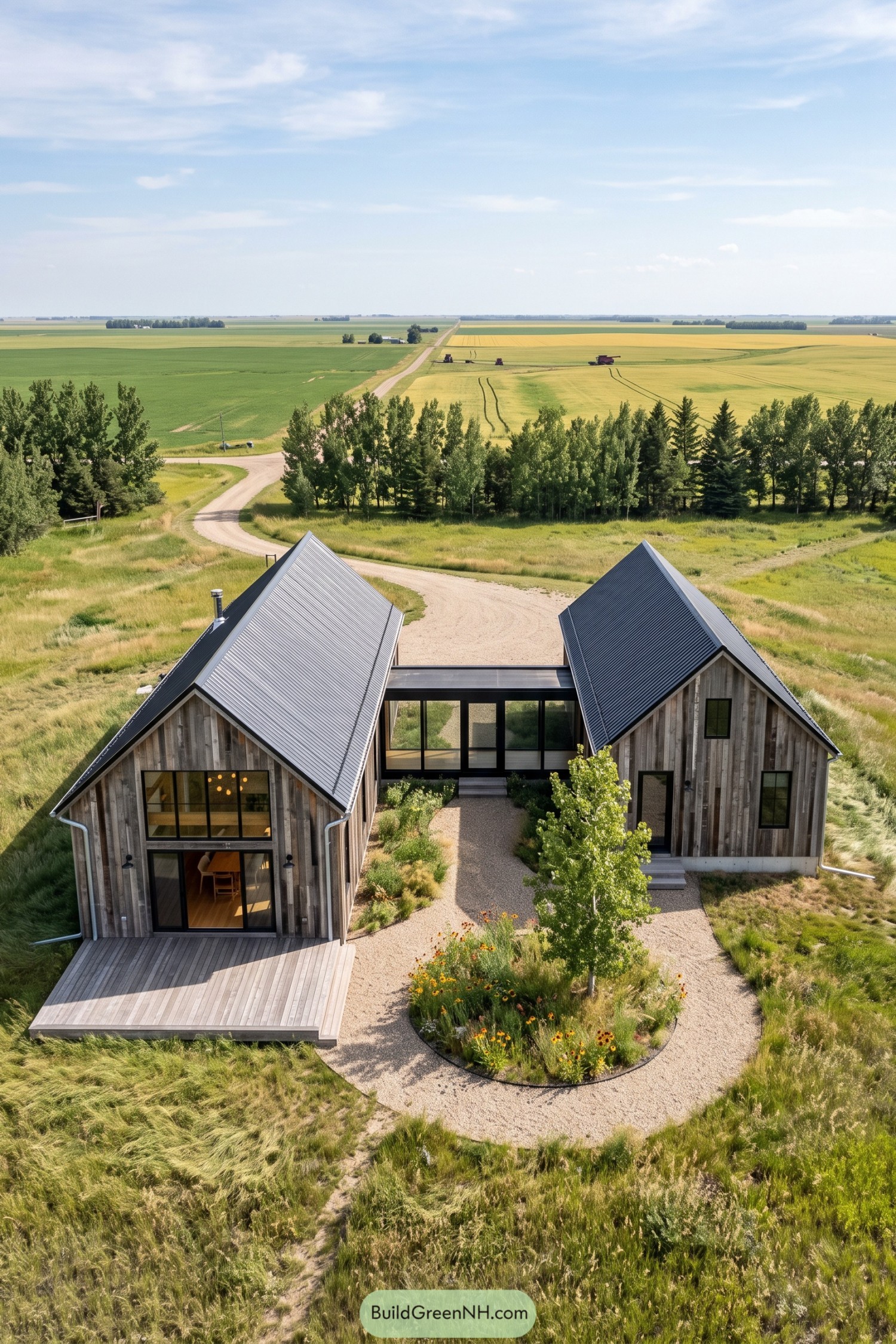 Twin timber barn homes joined by a glazed passage amid open farmland