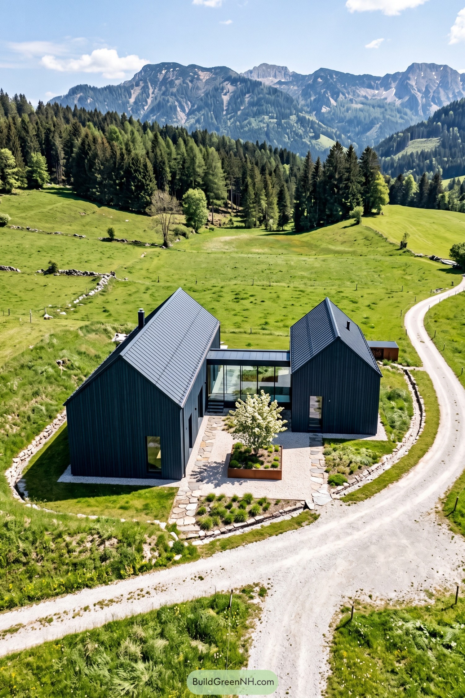Two dark gabled barns linked by glass in an alpine meadow