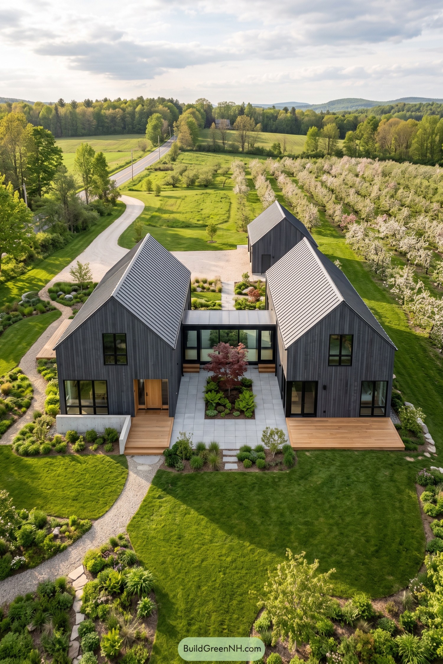 Three charcoal gabled volumes frame a planted courtyard beside a flowering orchard