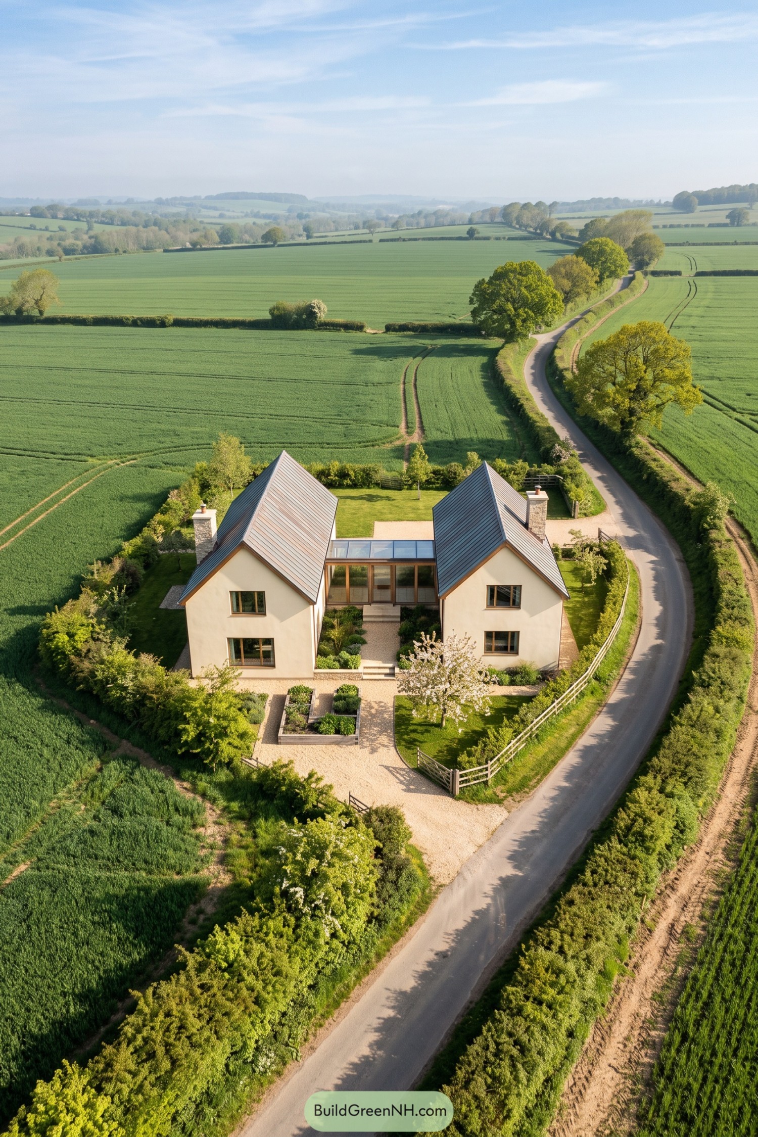 Twin cream barn homes joined by a glazed central walkway amid green fields