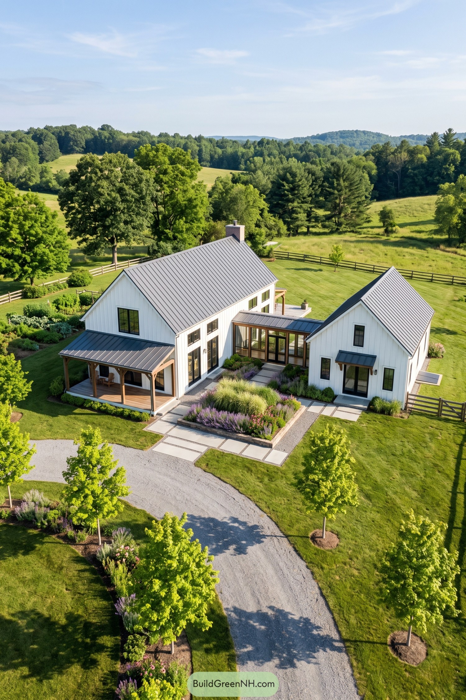White double barn home with glazed connector and metal roofs