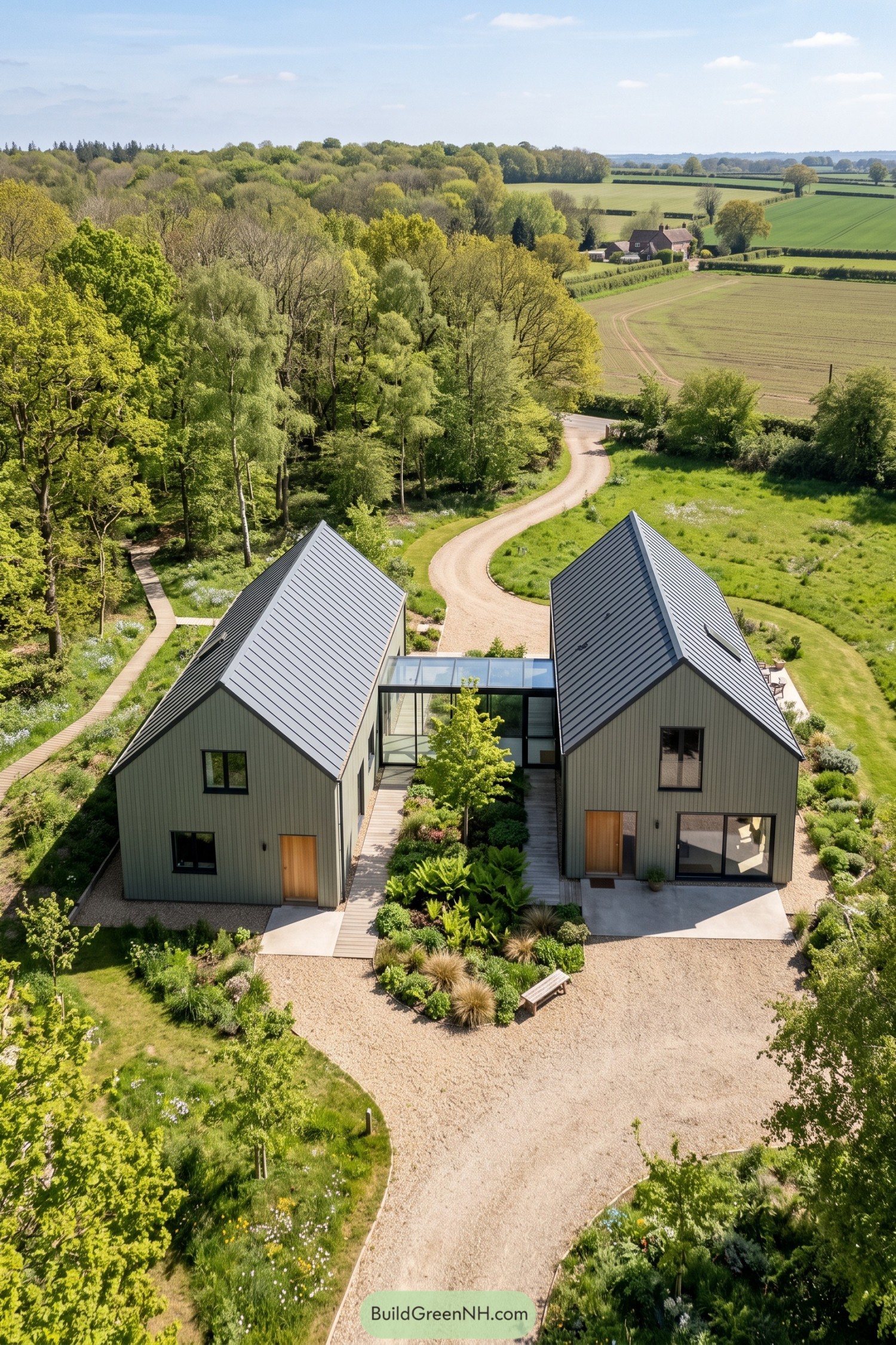 Twin green-clad barn homes joined by a glazed passage in landscaped countryside