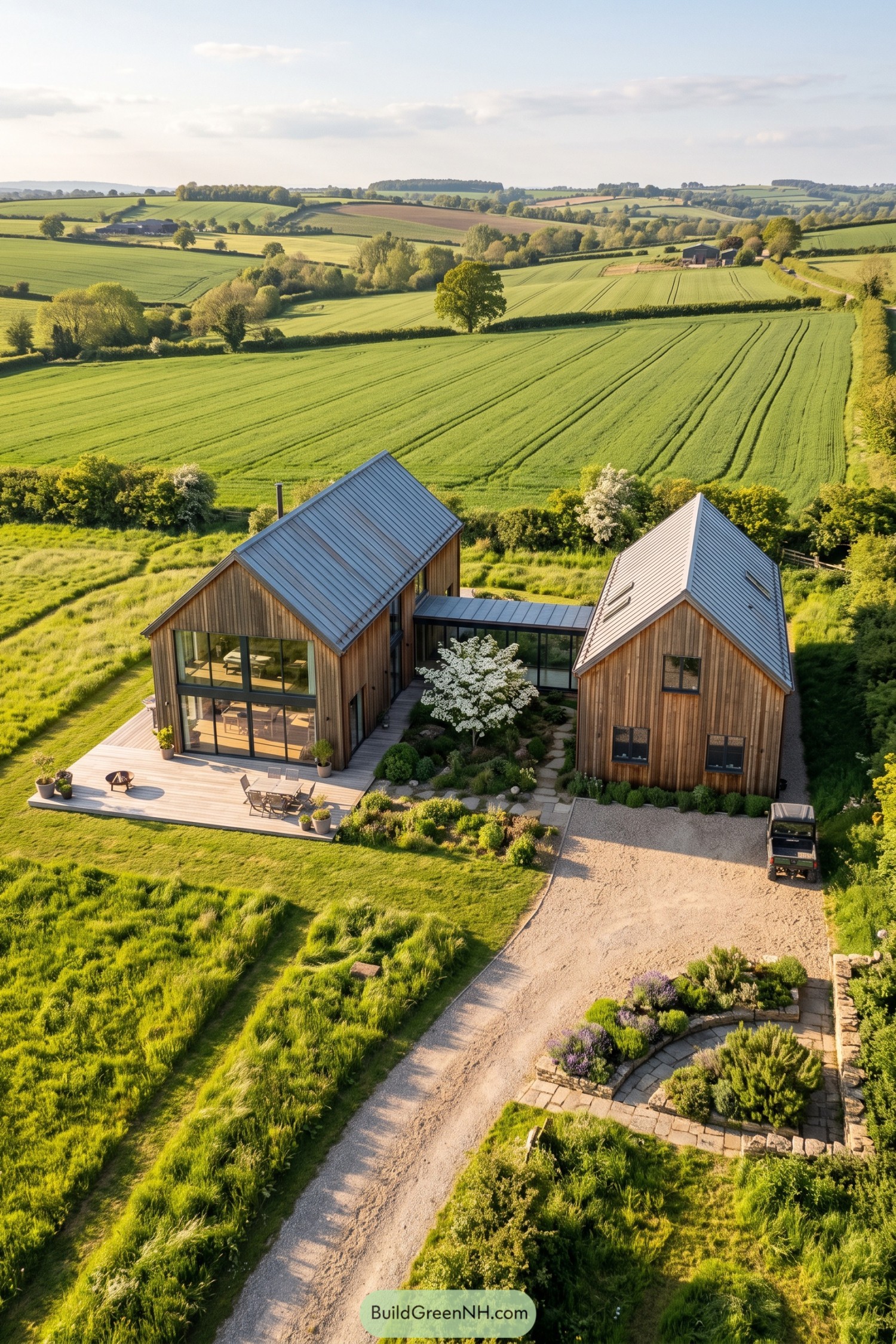 Twin timber gable home overlooking green farmland