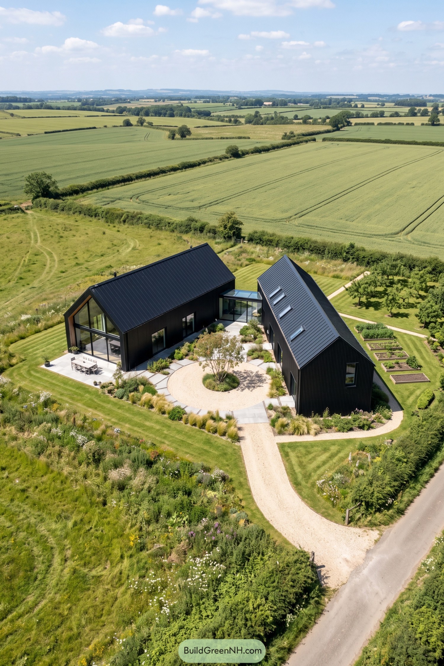 Two black barn volumes enclosing a landscaped courtyard